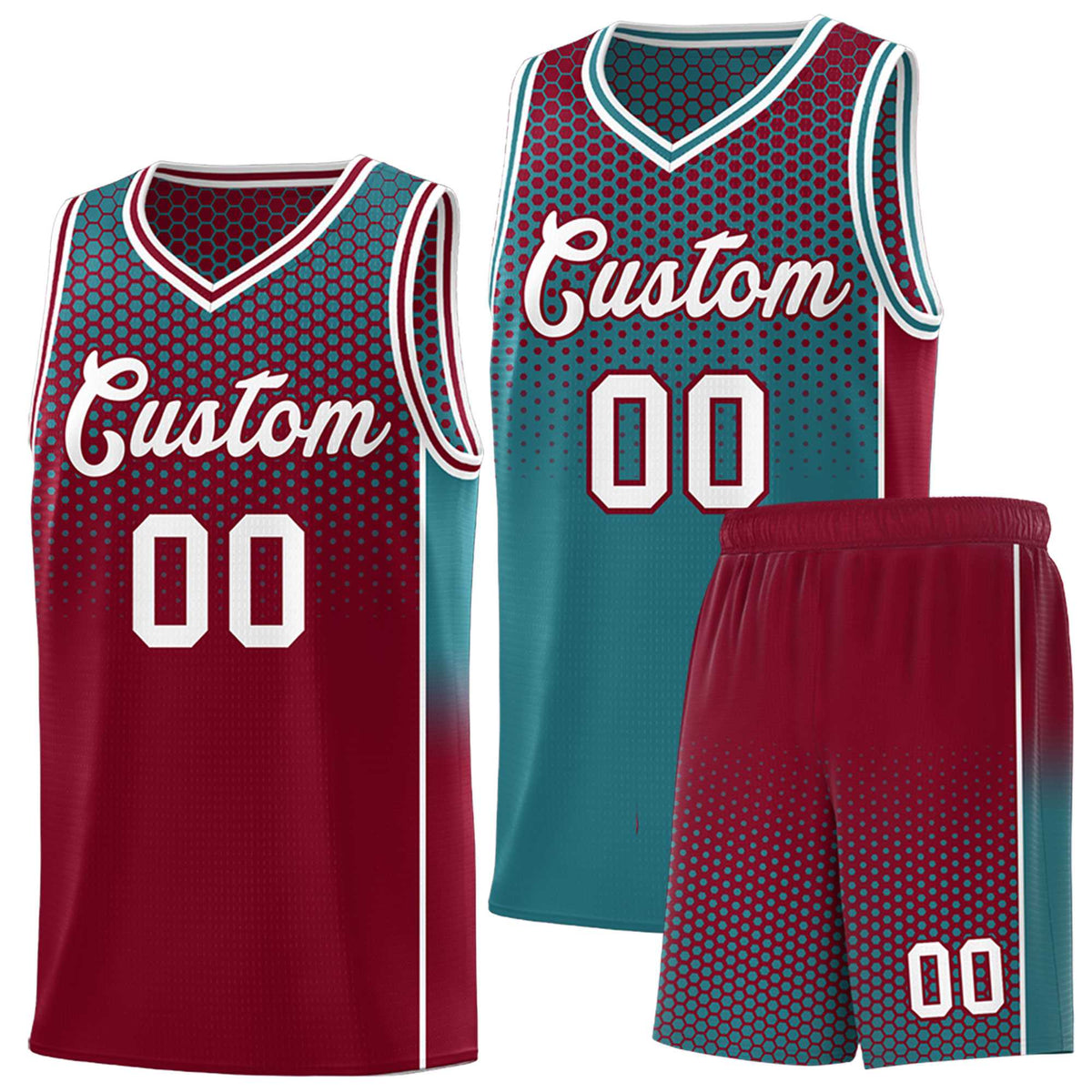 Custom Teal Crimson Reversible Side Gradient Sports Uniform Dot Pattern Basketball Jersey Kits