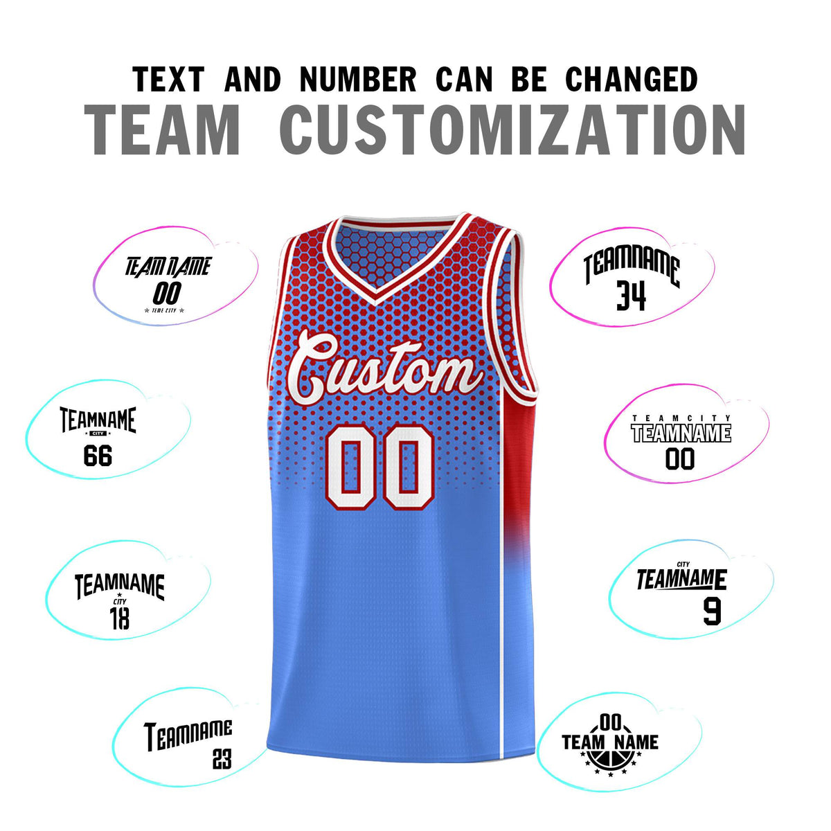 Custom Light Blue Red Reversible Side Gradient Sports Uniform Dot Pattern Basketball Jersey Kits