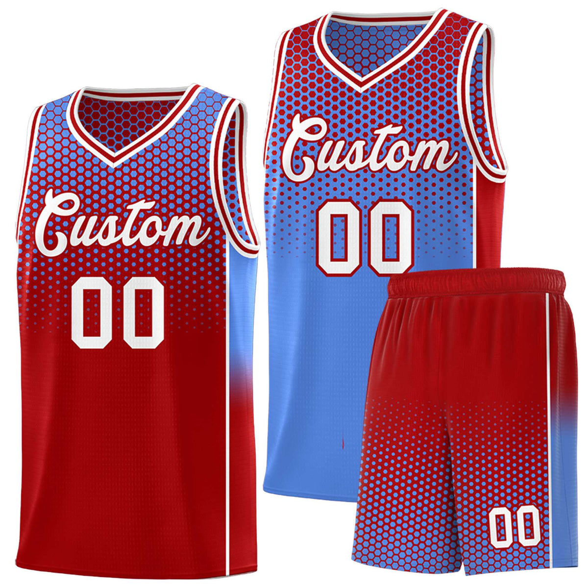 Custom Light Blue Red Reversible Side Gradient Sports Uniform Dot Pattern Basketball Jersey Kits