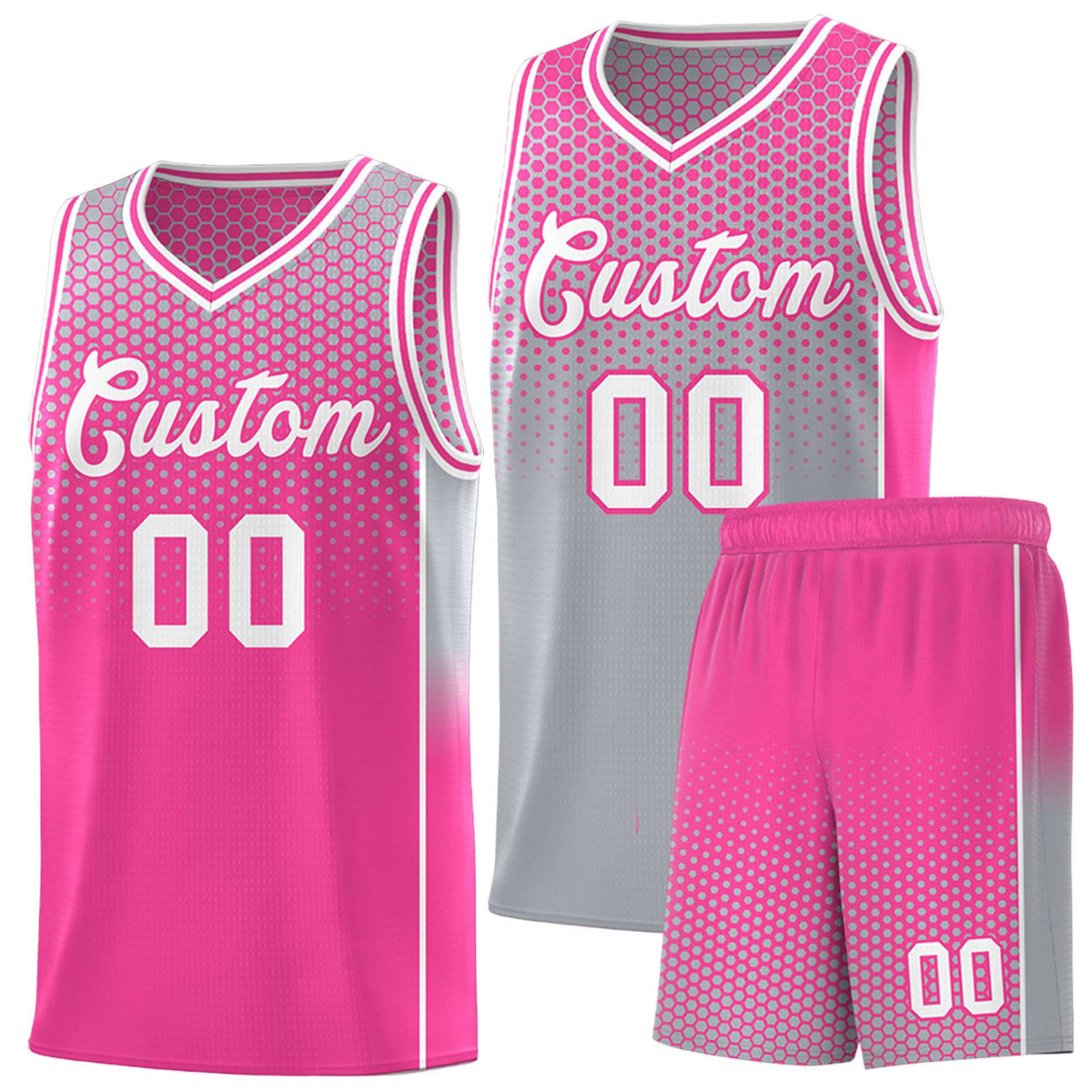 Custom Gray Pink Reversible Side Gradient Sports Uniform Dot Pattern Basketball Jersey Kits