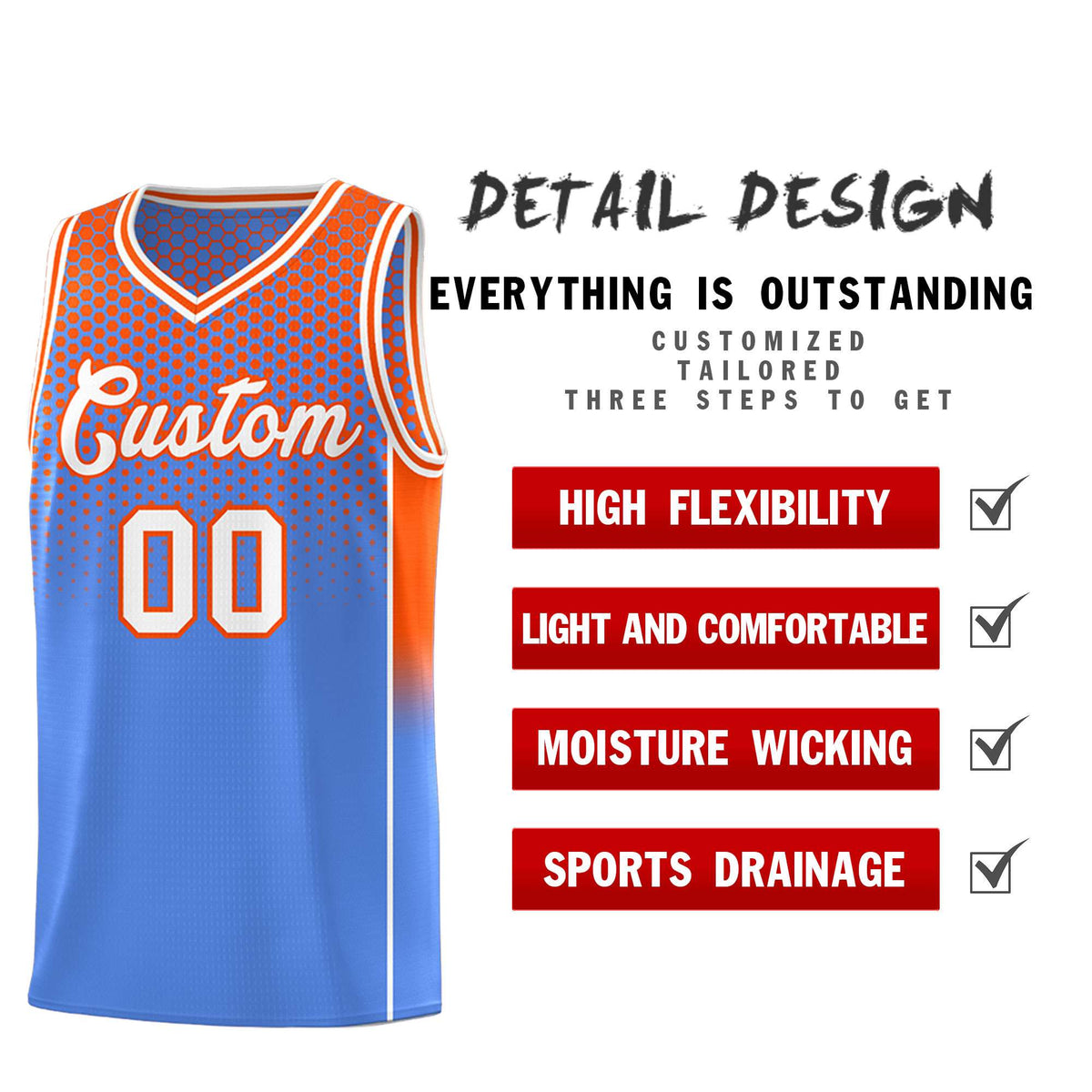 Custom Light Blue Orange Reversible Side Gradient Sports Uniform Dot Pattern Basketball Jersey Kits