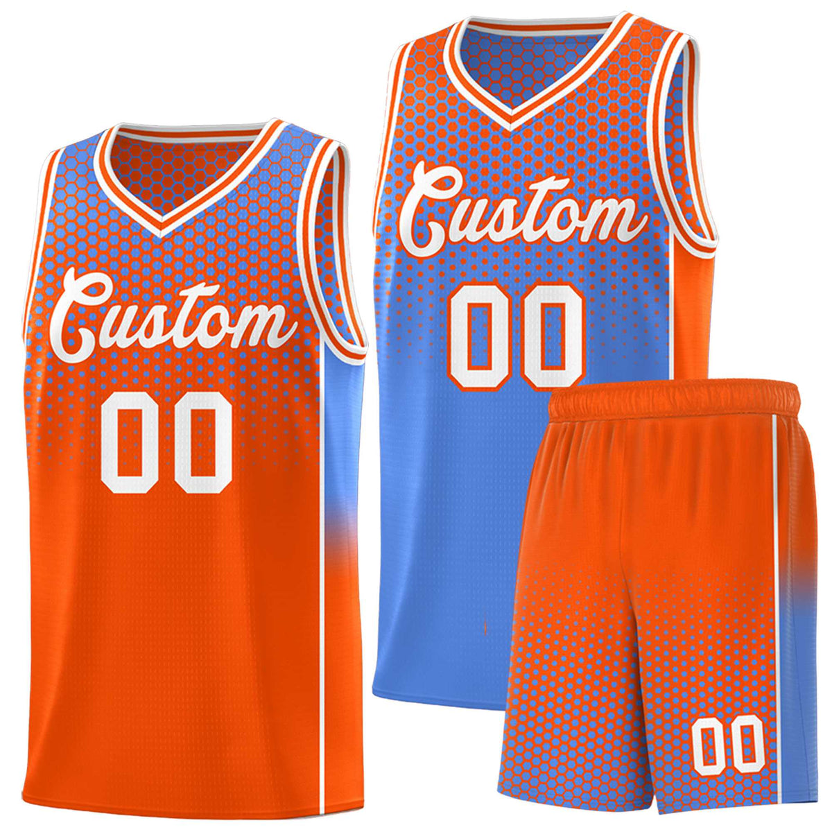 Custom Light Blue Orange Reversible Side Gradient Sports Uniform Dot Pattern Basketball Jersey Kits