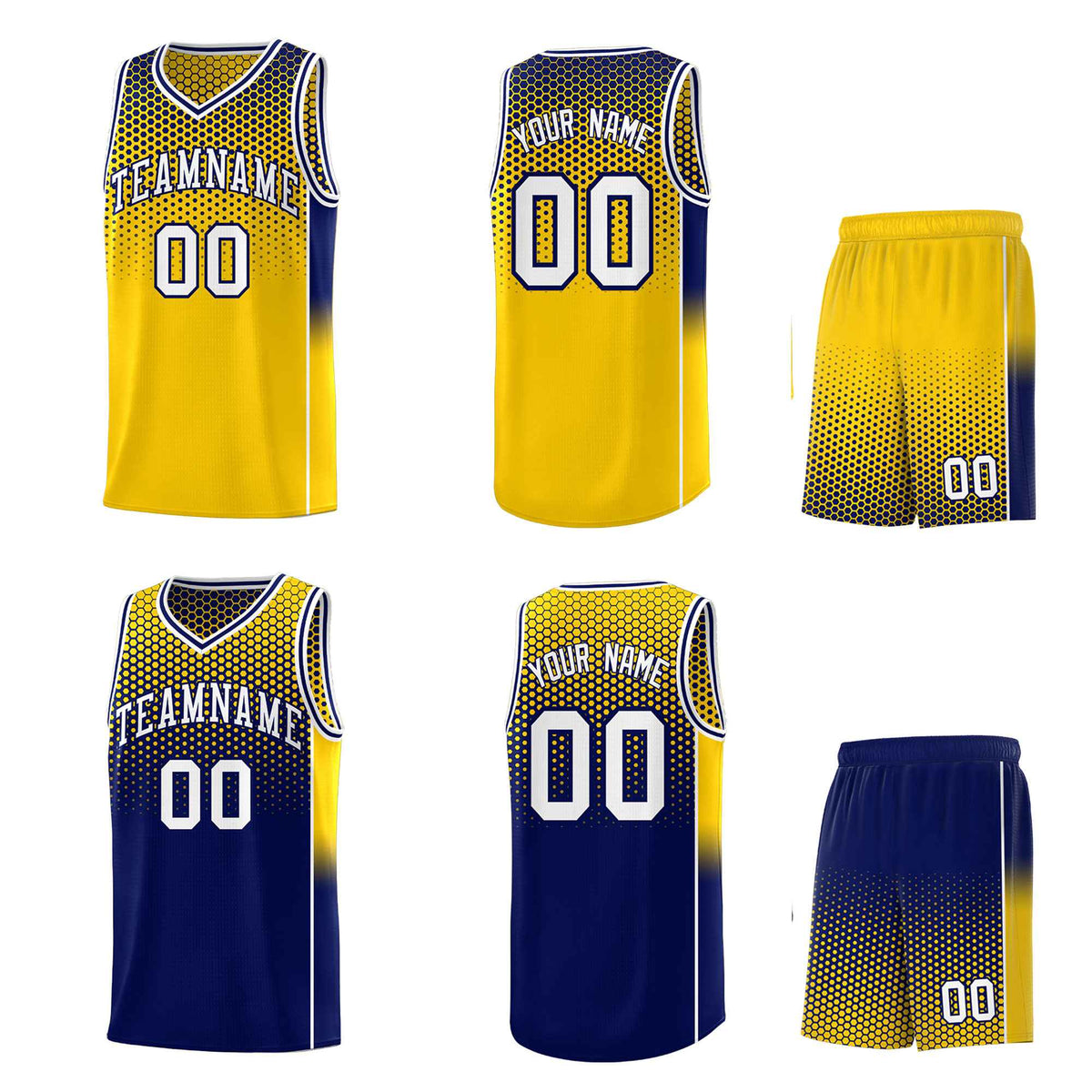 Custom Gold Navy Reversible Side Gradient Sports Uniform Dot Pattern Basketball Jersey Kits