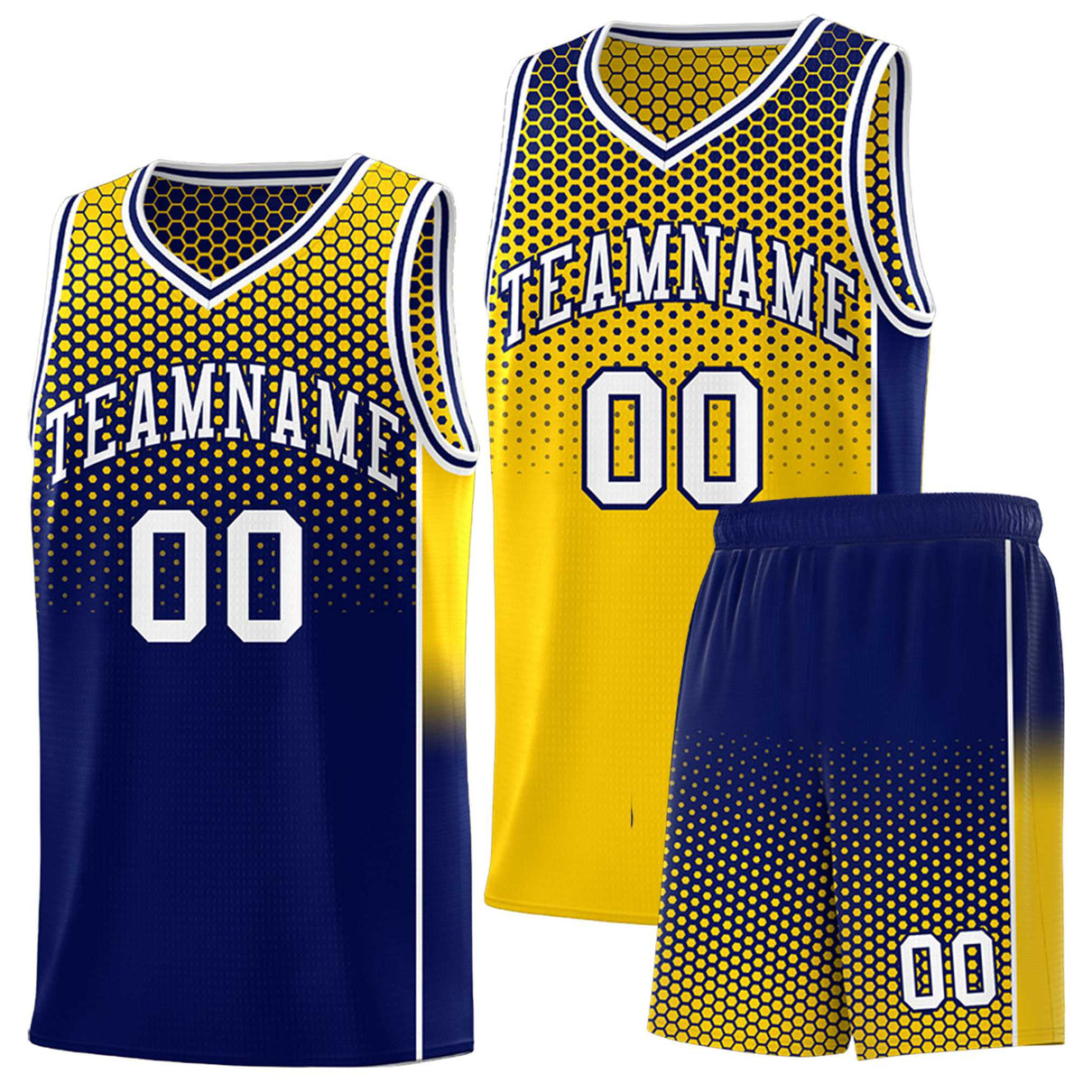 Custom Gold Navy Reversible Side Gradient Sports Uniform Dot Pattern Basketball Jersey Kits