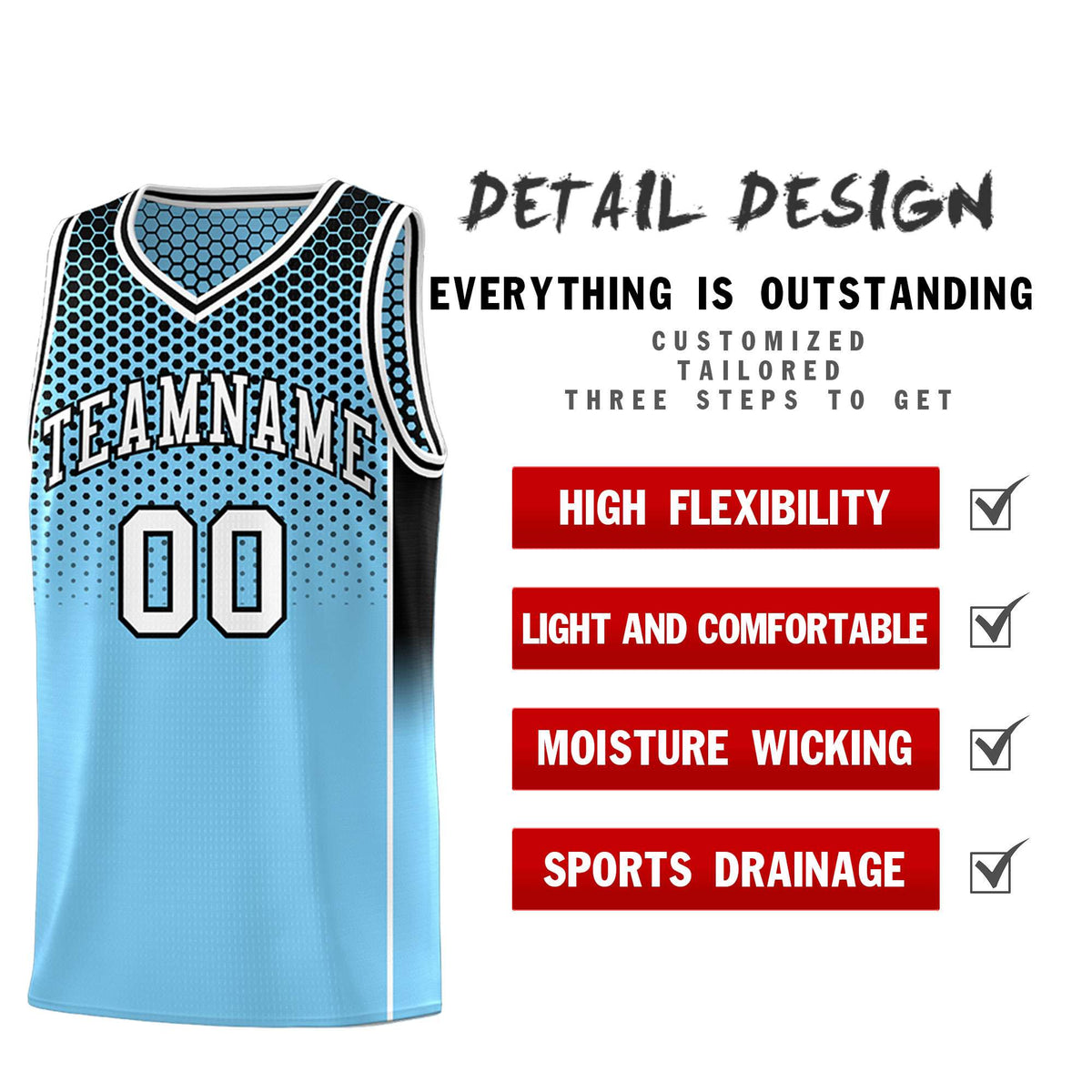 Custom Powder Blue Black Reversible Side Gradient Sports Uniform Dot Pattern Basketball Jersey Kits