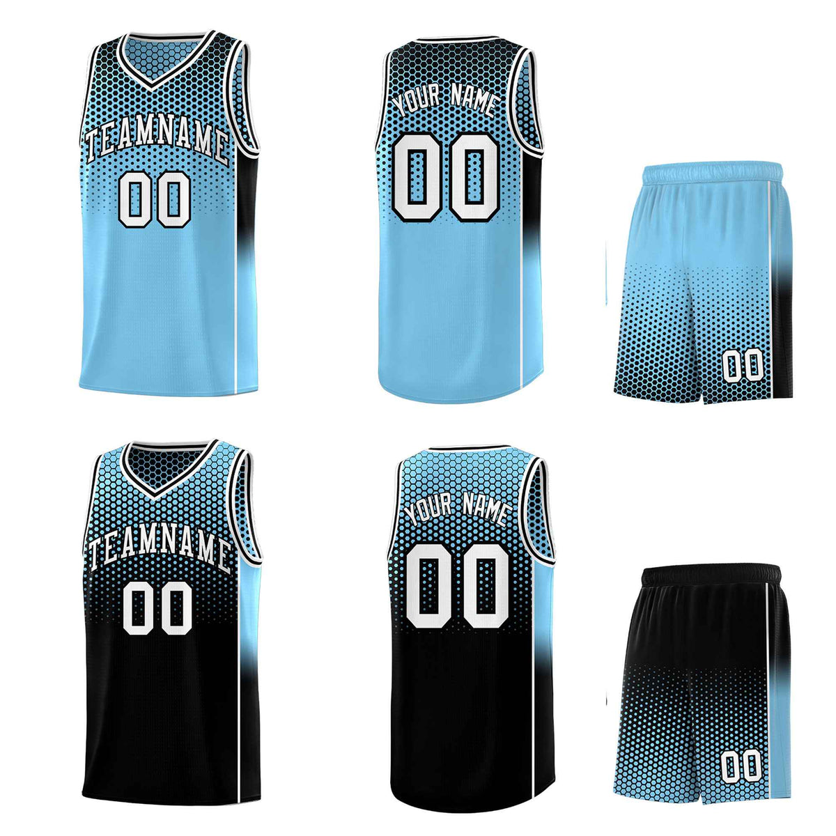 Custom Powder Blue Black Reversible Side Gradient Sports Uniform Dot Pattern Basketball Jersey Kits