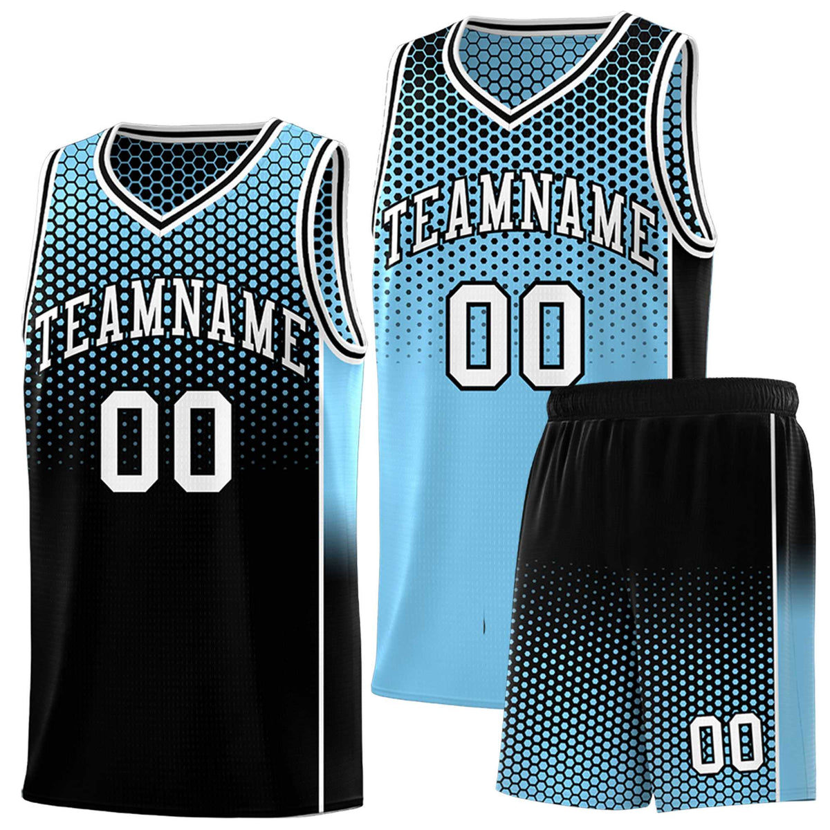 Custom Powder Blue Black Reversible Side Gradient Sports Uniform Dot Pattern Basketball Jersey Kits