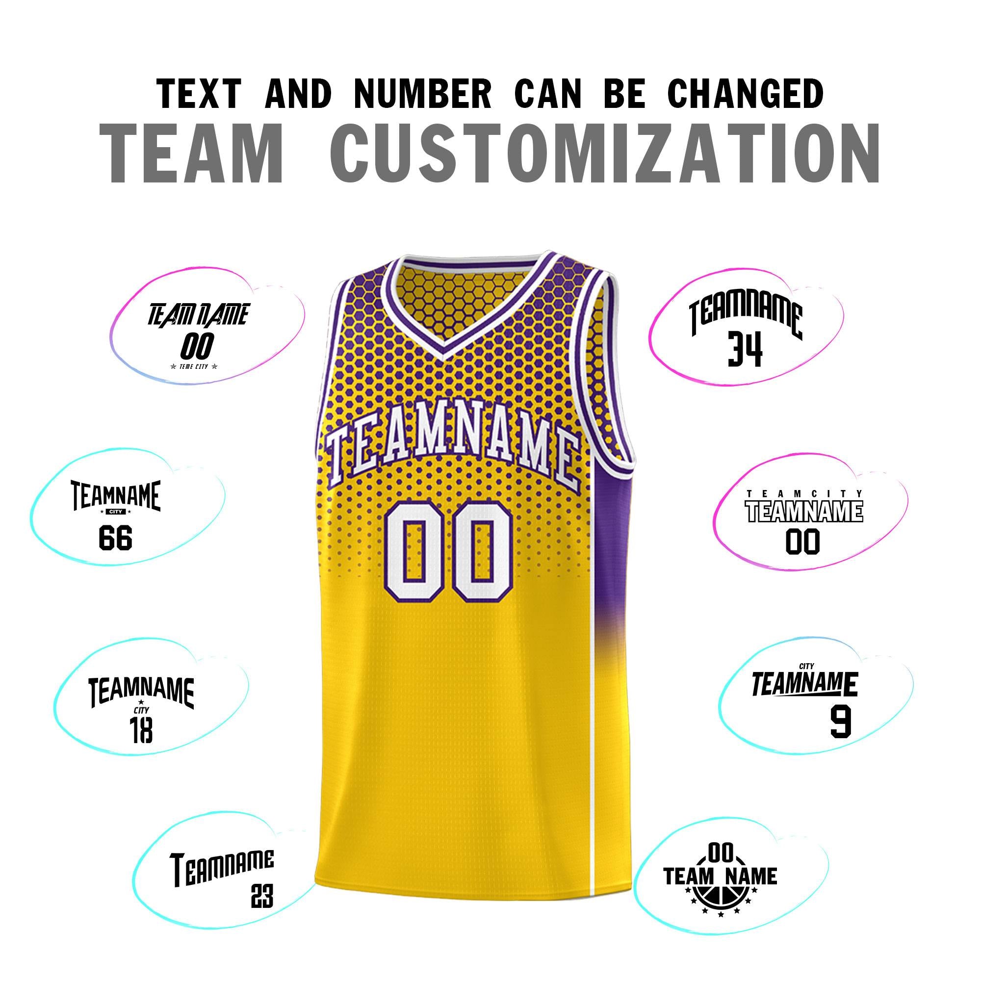 Custom Gold Purple Reversible Side Gradient Sports Uniform Dot Pattern Basketball Jersey Kits