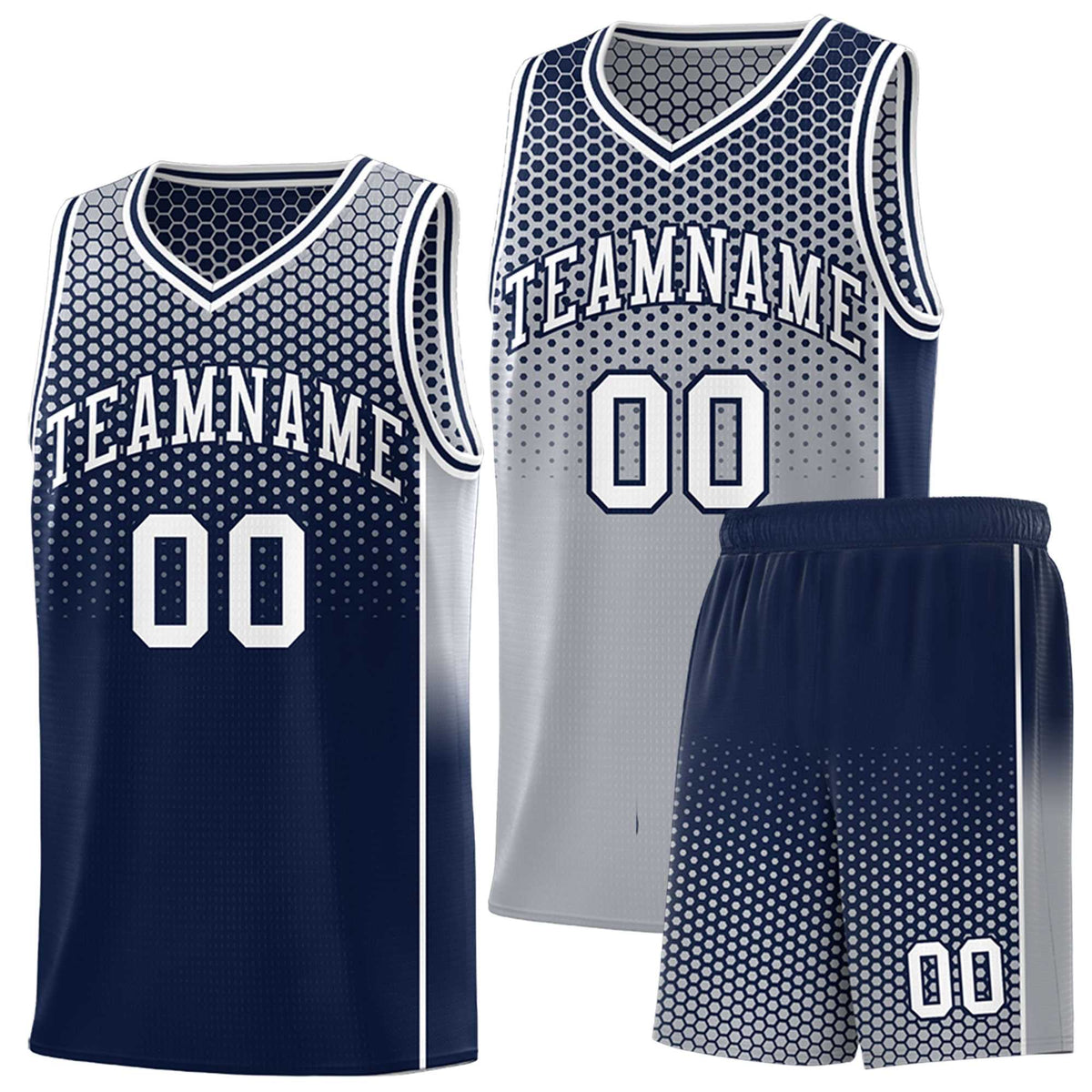 Custom Gray Navy Reversible Side Gradient Sports Uniform Dot Pattern Basketball Jersey Kits