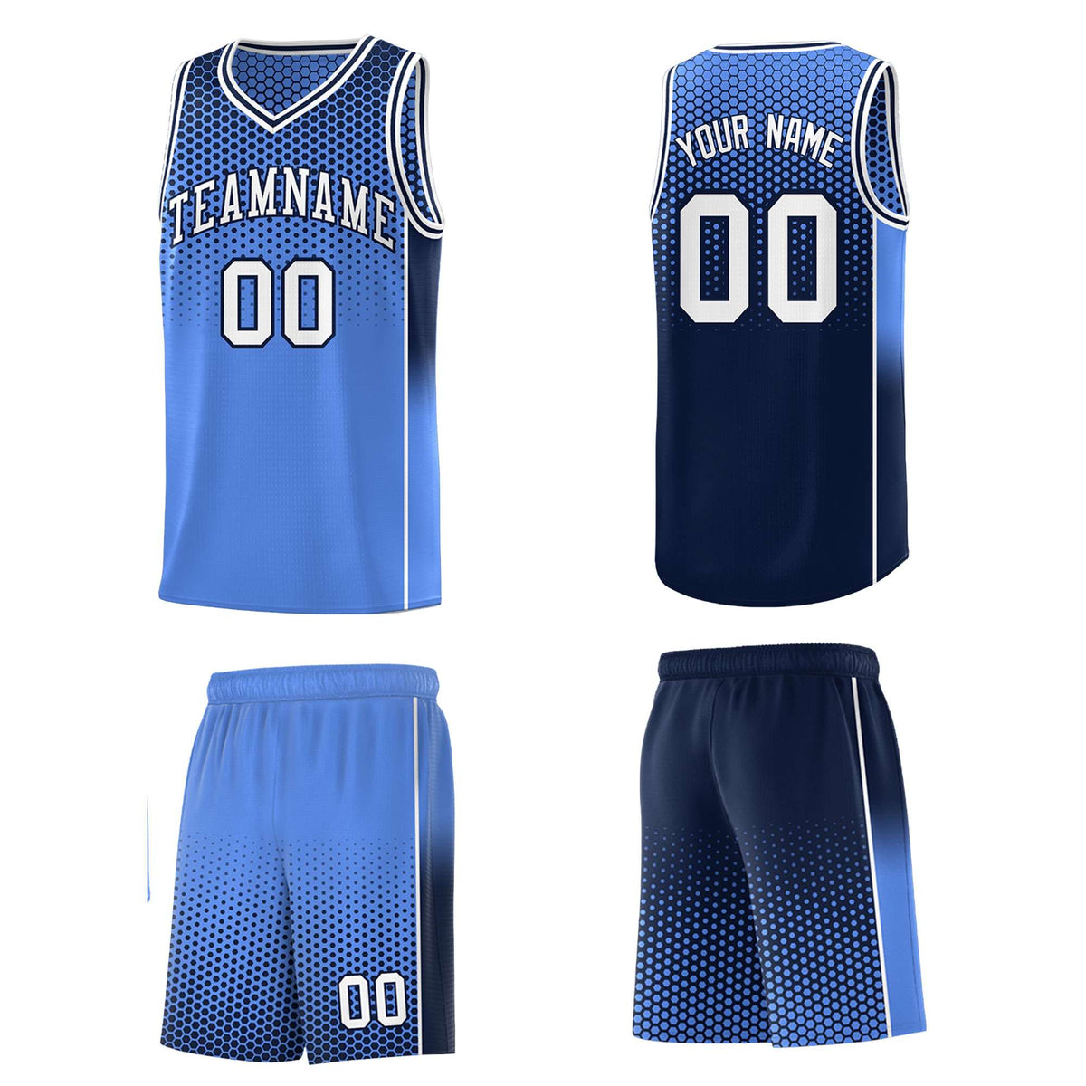 Custom Light Blue Navy Reversible Side Gradient Sports Uniform Dot Pattern Basketball Jersey Kits