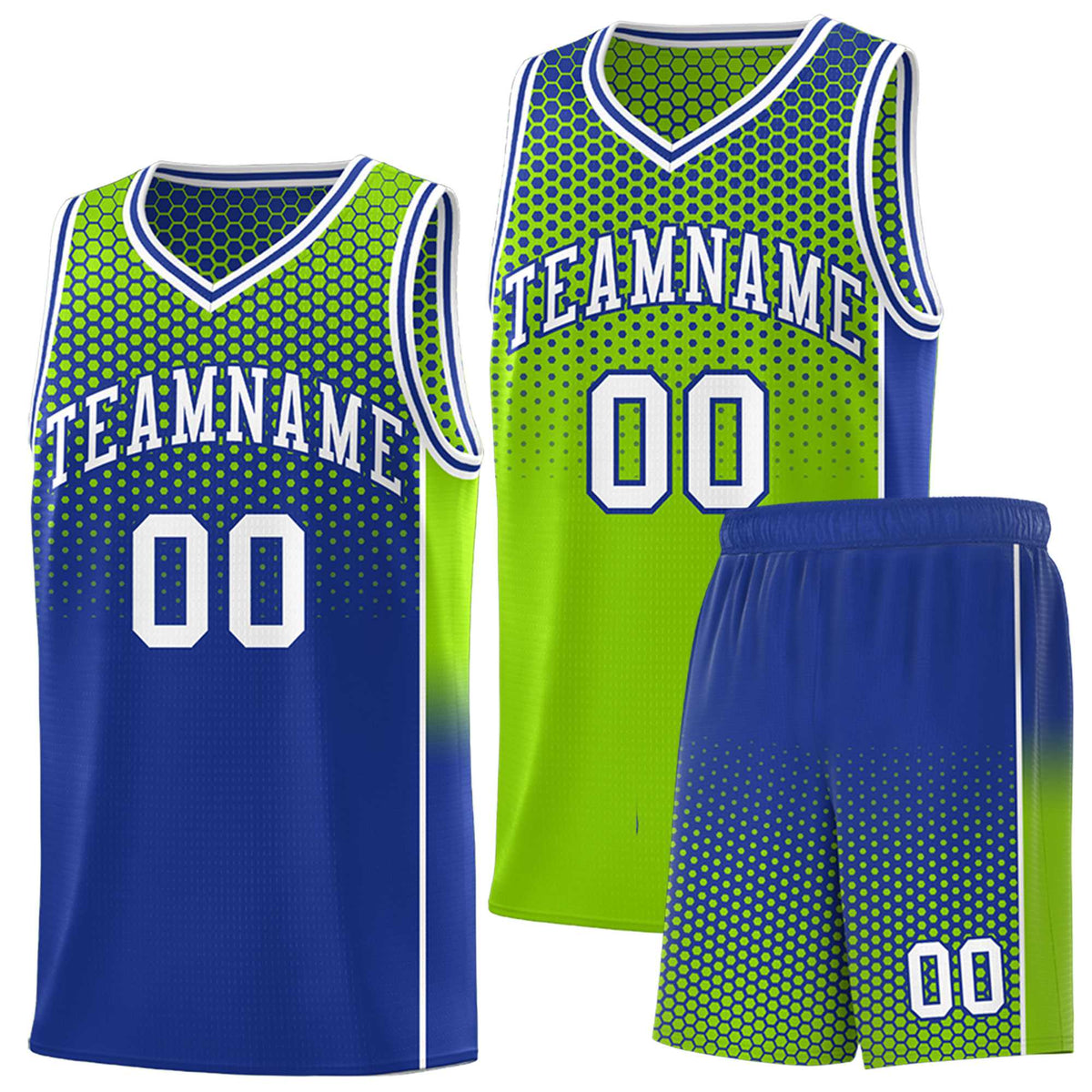 Custom Neon Green Royal Reversible Side Gradient Sports Uniform Dot Pattern Basketball Jersey Kits
