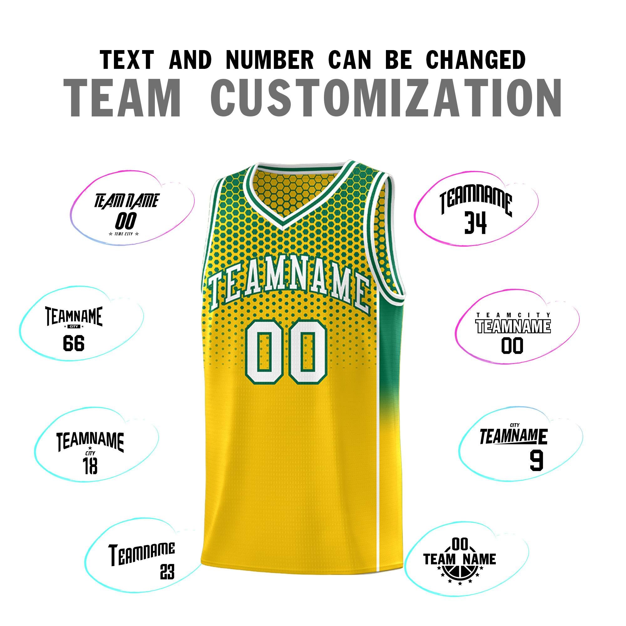 Custom Gold Kelly Green Reversible Side Gradient Sports Uniform Dot Pattern Basketball Jersey Kits