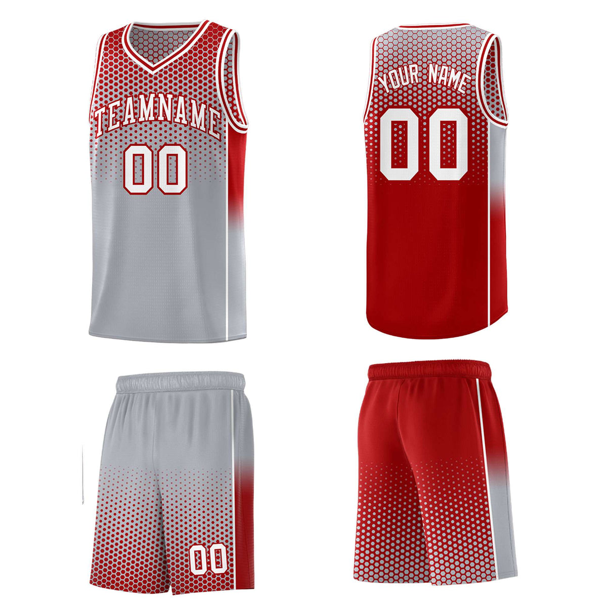 Custom Gray Red Reversible Side Gradient Sports Uniform Dot Pattern Basketball Jersey Kits