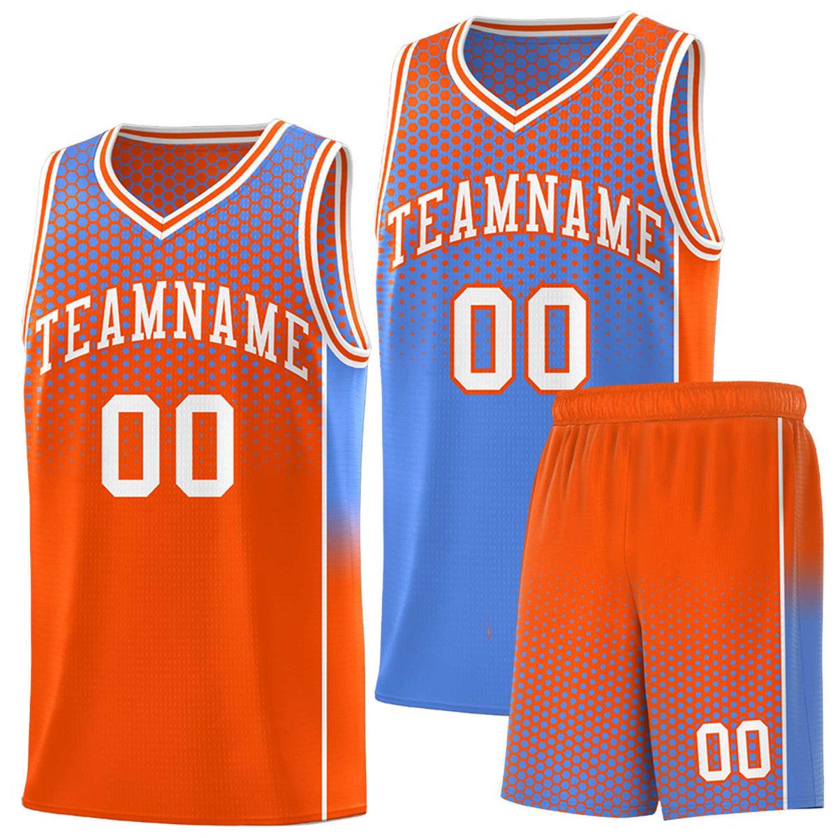 Custom Light Blue Orange Reversible Side Gradient Sports Uniform Dot Pattern Basketball Jersey Kits