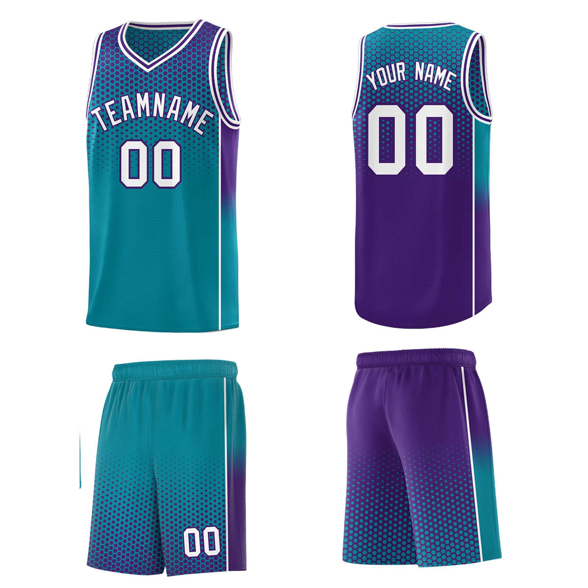 Custom Teal Purple Reversible Side Gradient Sports Uniform Dot Pattern Basketball Jersey Kits