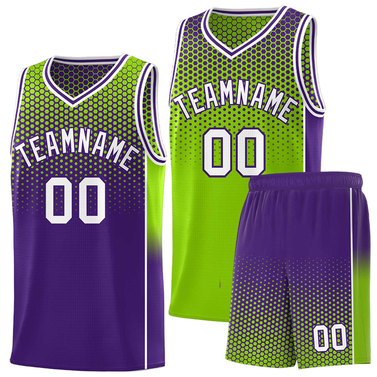 Custom Neon Green Purple Reversible Side Gradient Sports Uniform Dot Pattern Basketball Jersey Kits