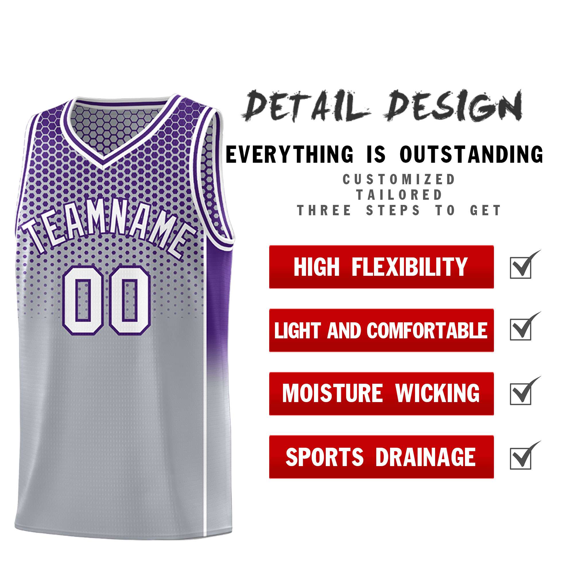 Custom Gray Purple Reversible Side Gradient Sports Uniform Dot Pattern Basketball Jersey Kits