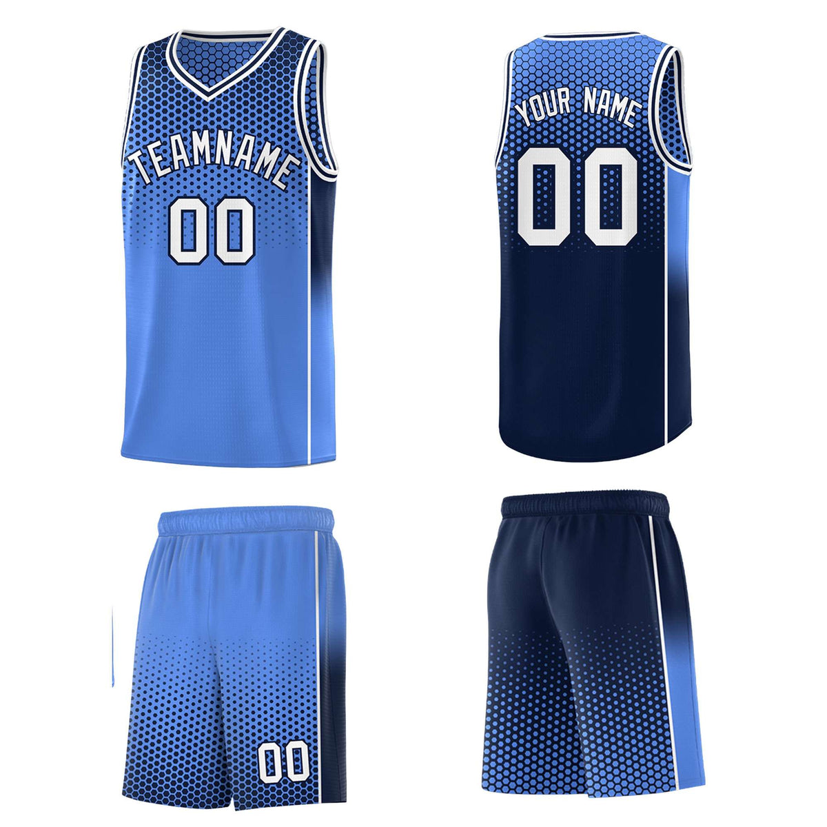 Custom Light Blue Navy Reversible Side Gradient Sports Uniform Dot Pattern Basketball Jersey Kits