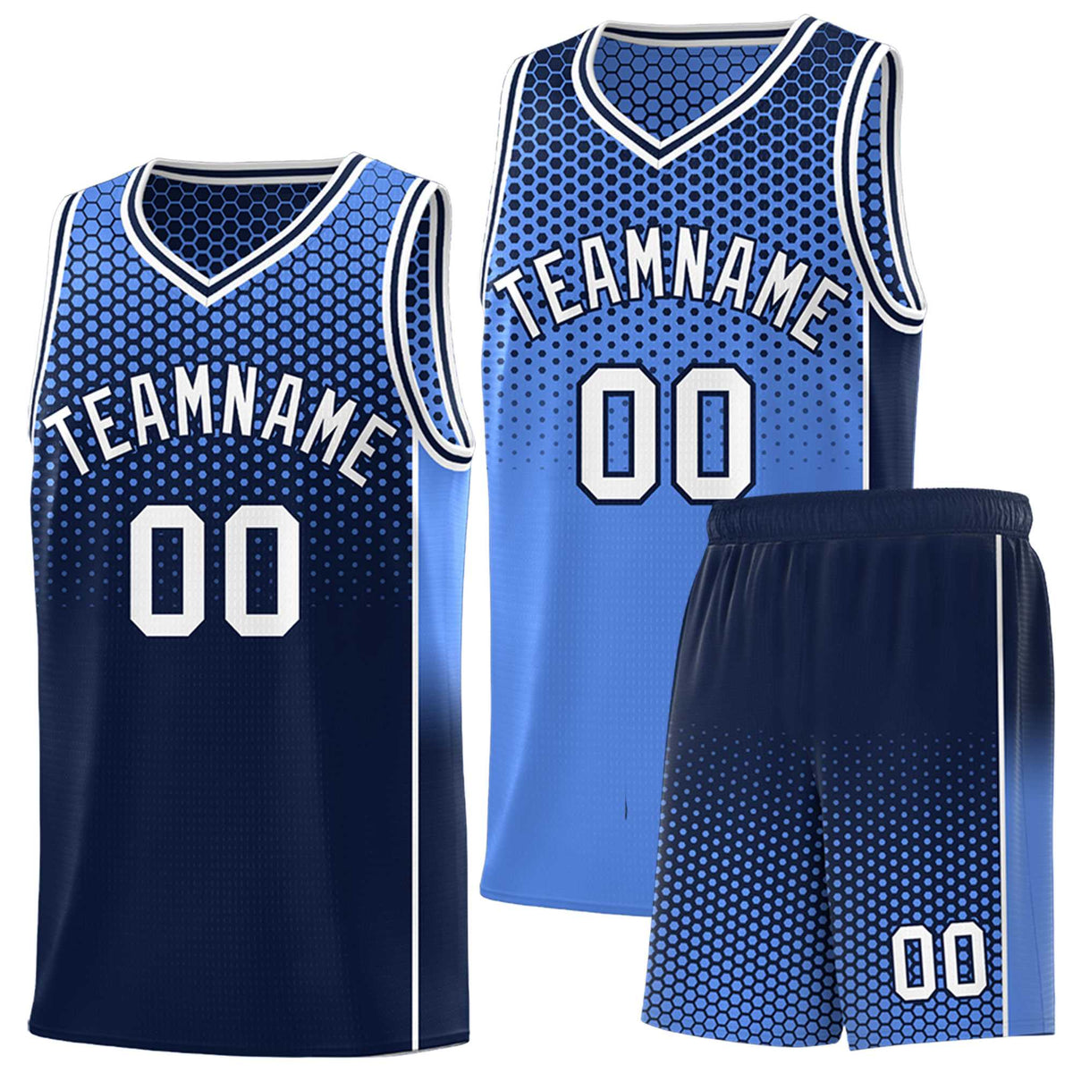 Custom Light Blue Navy Reversible Side Gradient Sports Uniform Dot Pattern Basketball Jersey Kits