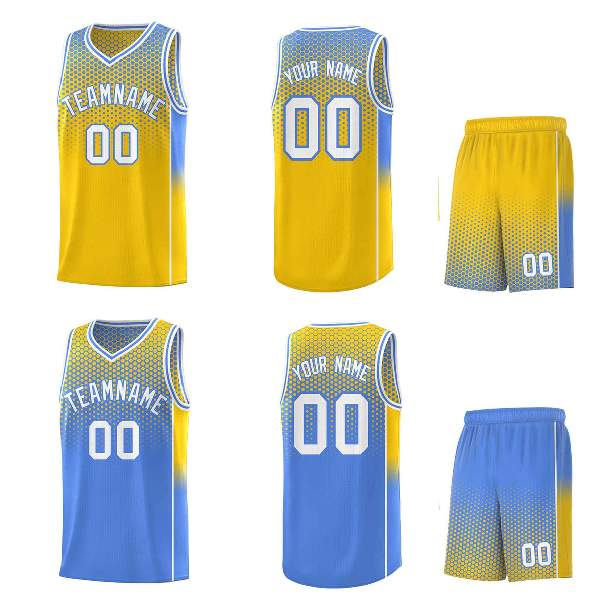 Custom Gold Light Blue Reversible Side Gradient Sports Uniform Dot Pattern Basketball Jersey Kits
