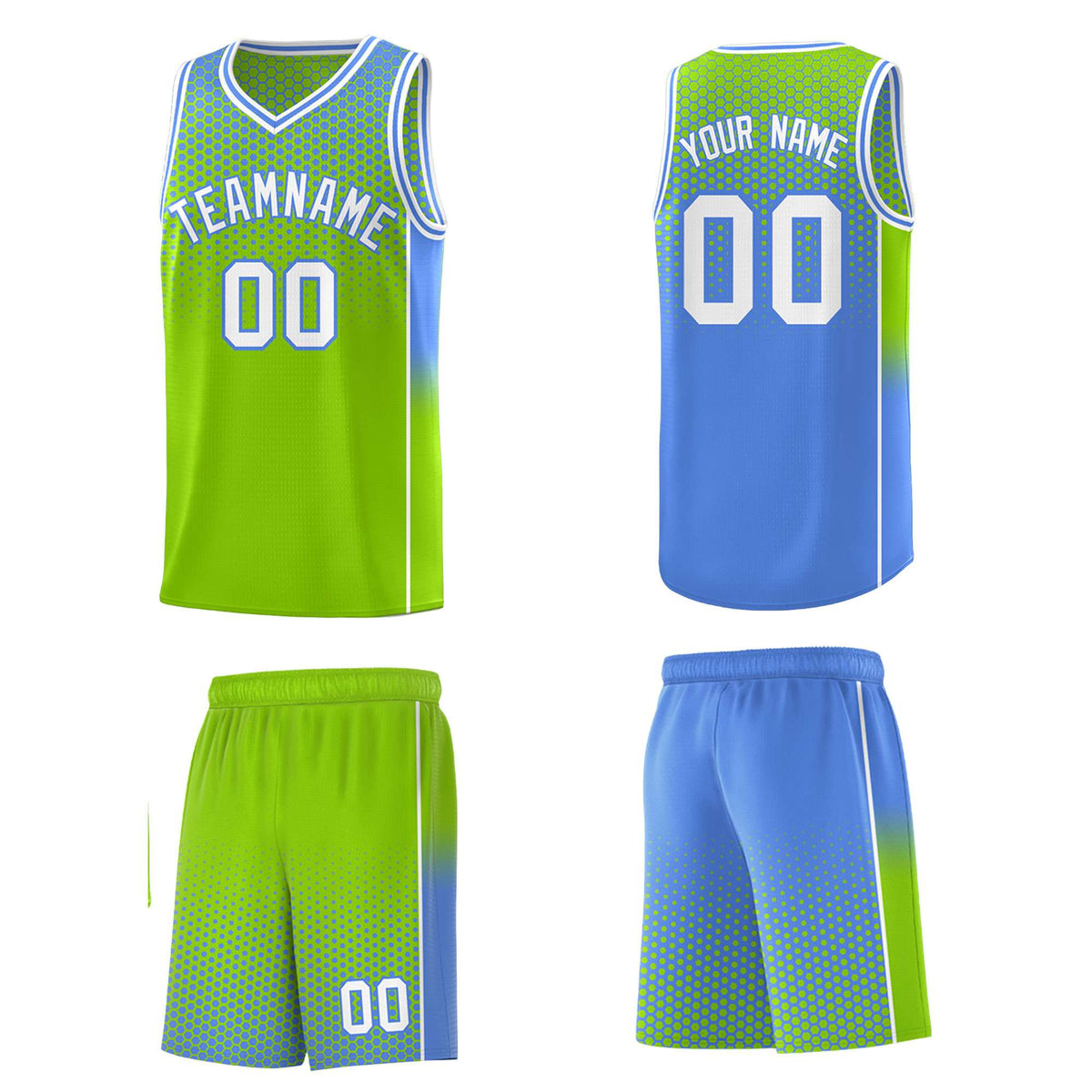 Custom Neon Green Light Blue Reversible Side Gradient Sports Uniform Dot Pattern Basketball Jersey Kits