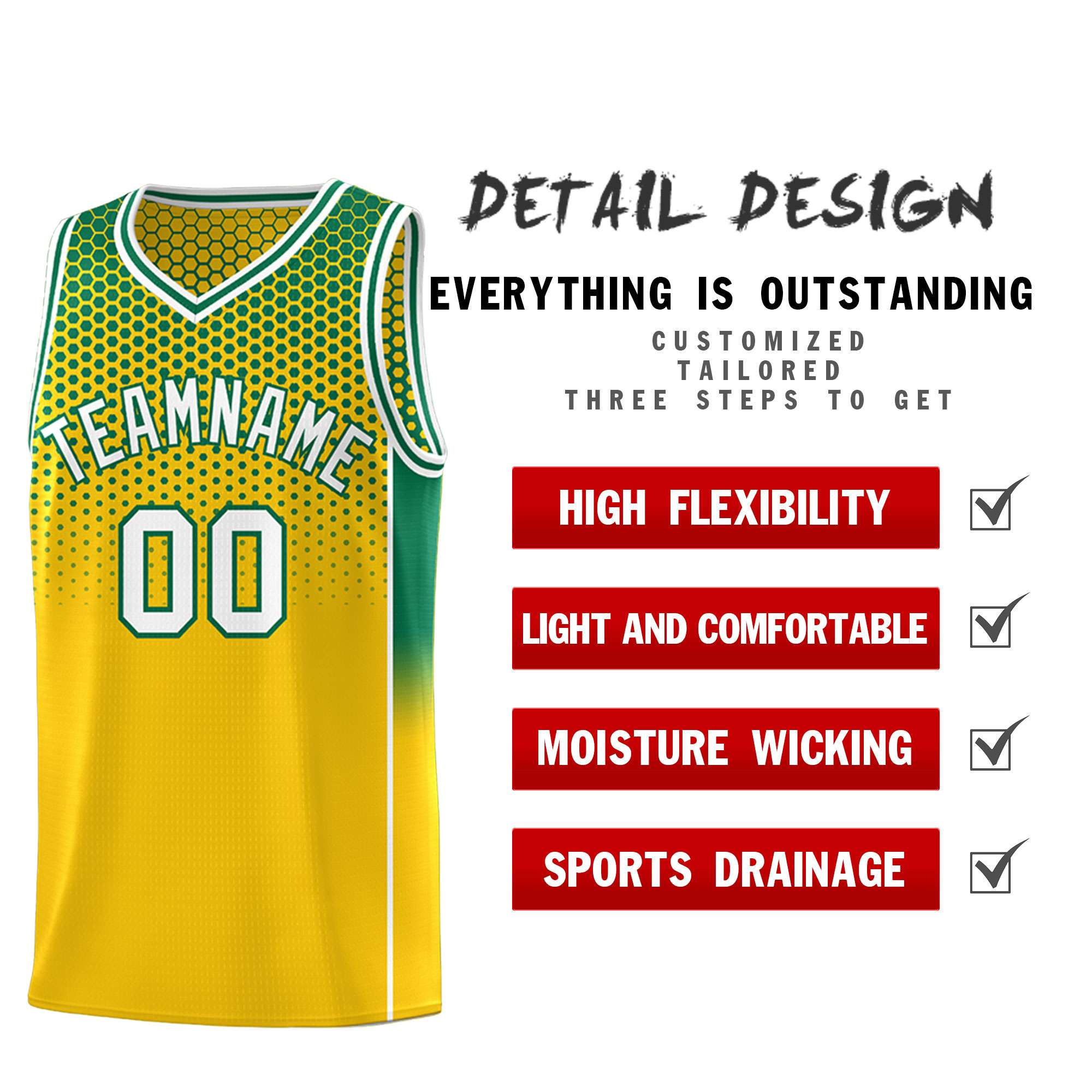 Custom Gold Kelly Green Reversible Side Gradient Sports Uniform Dot Pattern Basketball Jersey Kits