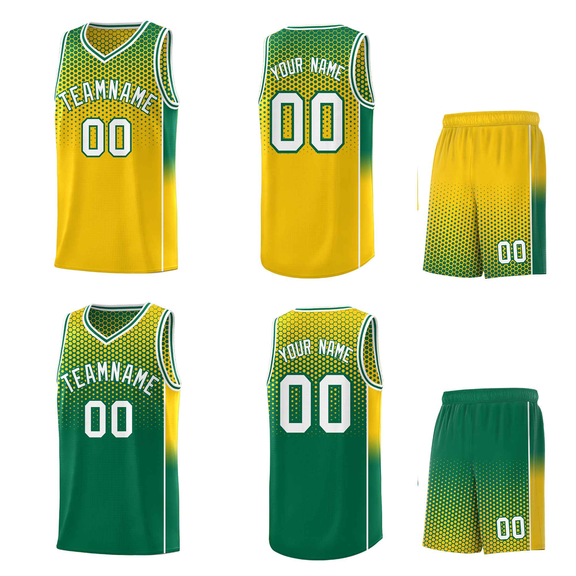 Custom Gold Kelly Green Reversible Side Gradient Sports Uniform Dot Pattern Basketball Jersey Kits