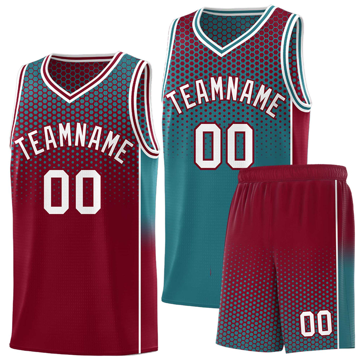 Custom Teal Crimson Reversible Side Gradient Sports Uniform Dot Pattern Basketball Jersey Kits