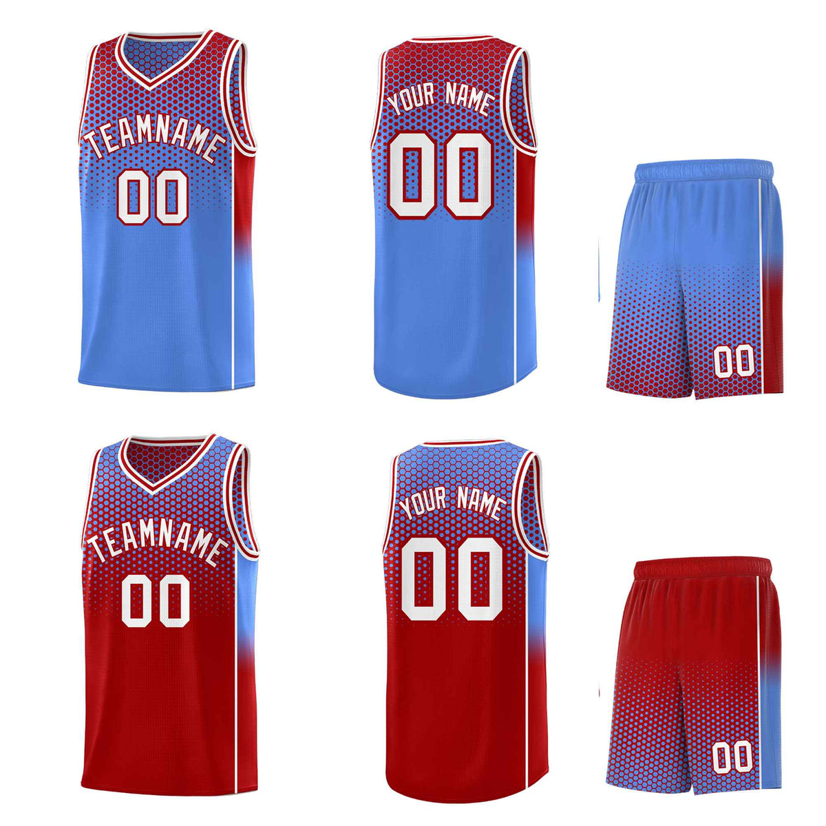 Custom Light Blue Red Reversible Side Gradient Sports Uniform Dot Pattern Basketball Jersey Kits