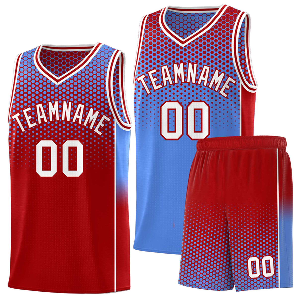 Custom Light Blue Red Reversible Side Gradient Sports Uniform Dot Pattern Basketball Jersey Kits