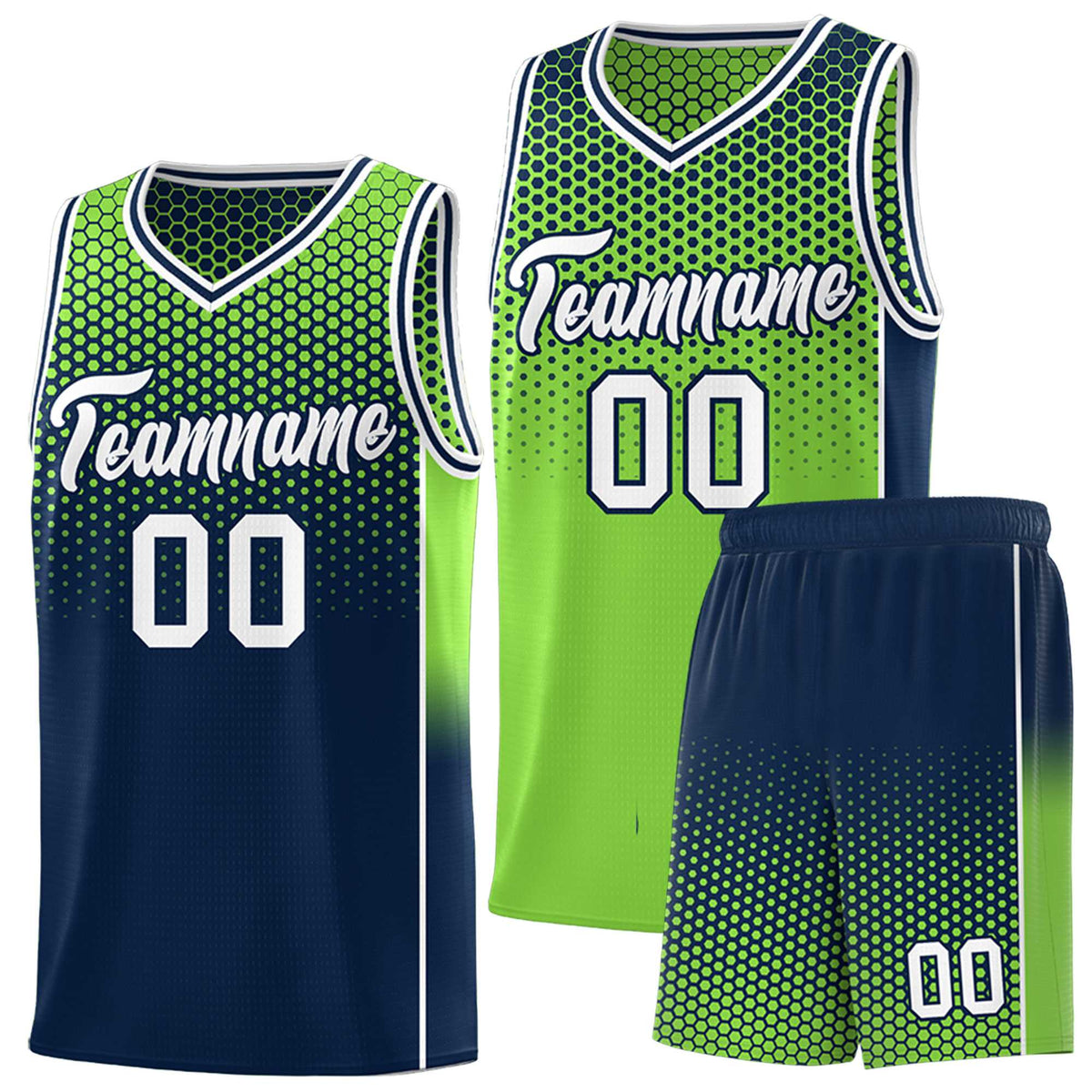 Custom Neon Green Navy Reversible Side Gradient Sports Uniform Dot Pattern Basketball Jersey Kits
