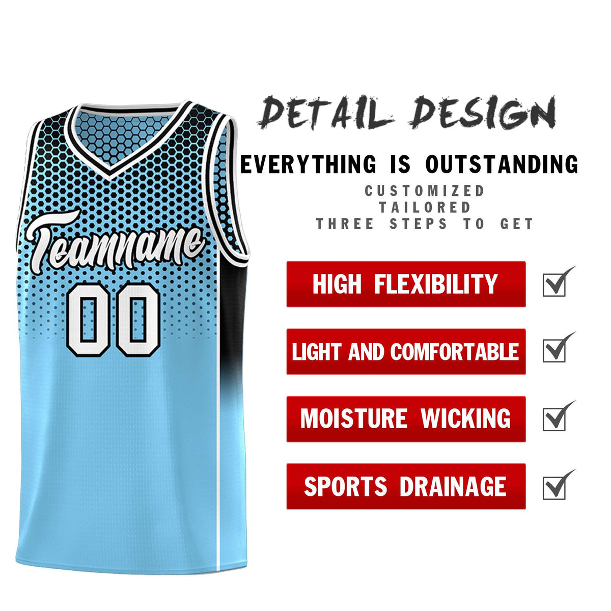 Custom Powder Blue Black Reversible Side Gradient Sports Uniform Dot Pattern Basketball Jersey Kits