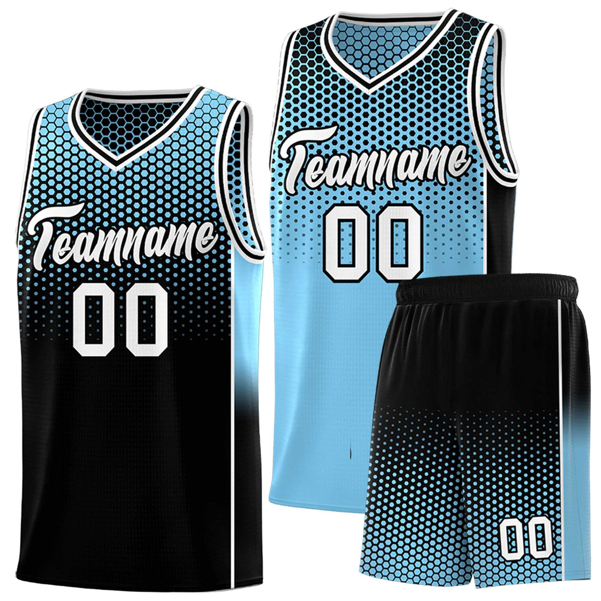 Custom Powder Blue Black Reversible Side Gradient Sports Uniform Dot Pattern Basketball Jersey Kits
