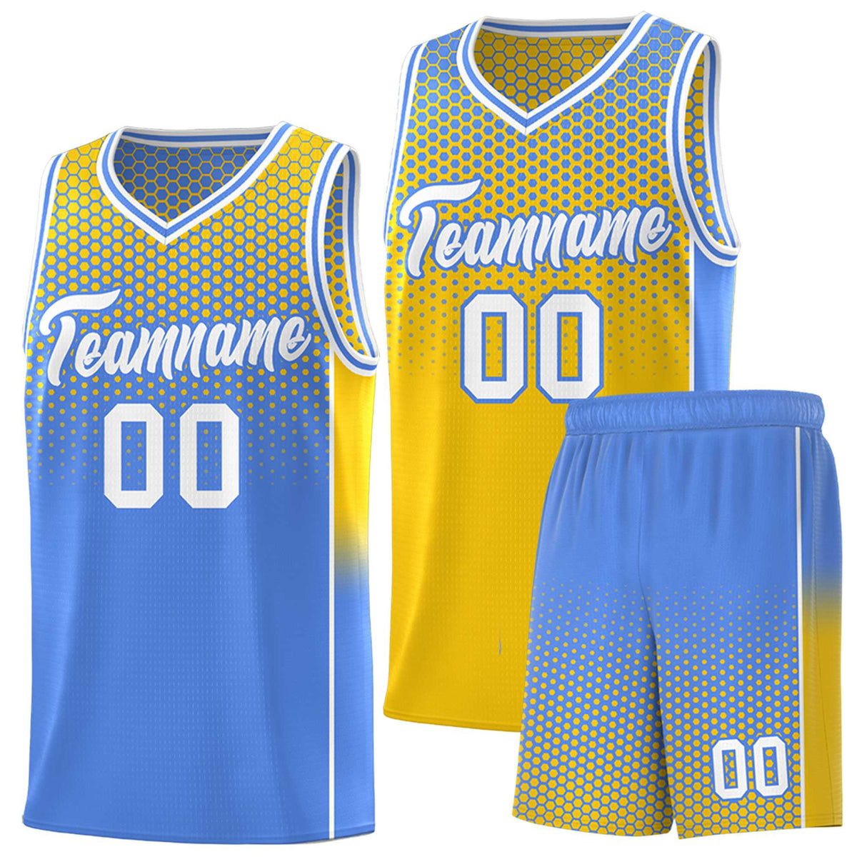 Custom Gold Light Blue Reversible Side Gradient Sports Uniform Dot Pattern Basketball Jersey Kits