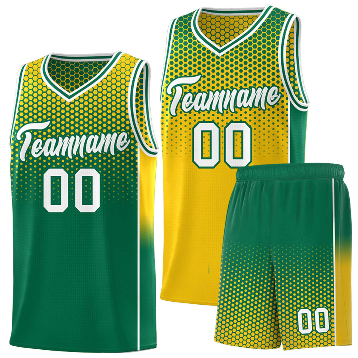 Custom Gold Kelly Green Reversible Side Gradient Sports Uniform Dot Pattern Basketball Jersey Kits