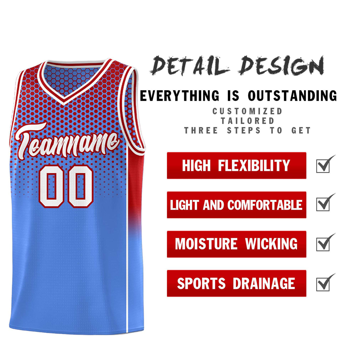 Custom Light Blue Red Reversible Side Gradient Sports Uniform Dot Pattern Basketball Jersey Kits