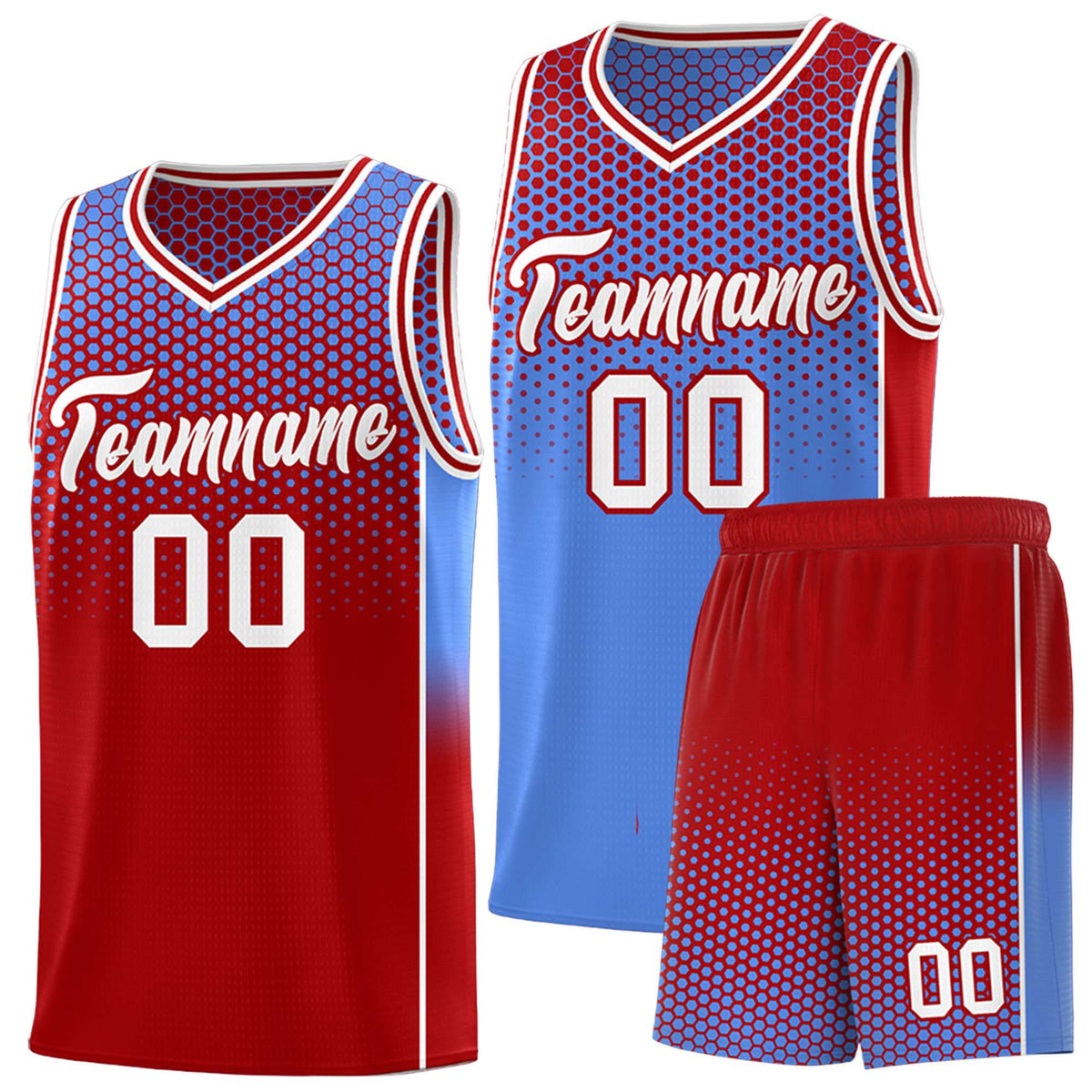 Custom Light Blue Red Reversible Side Gradient Sports Uniform Dot Pattern Basketball Jersey Kits