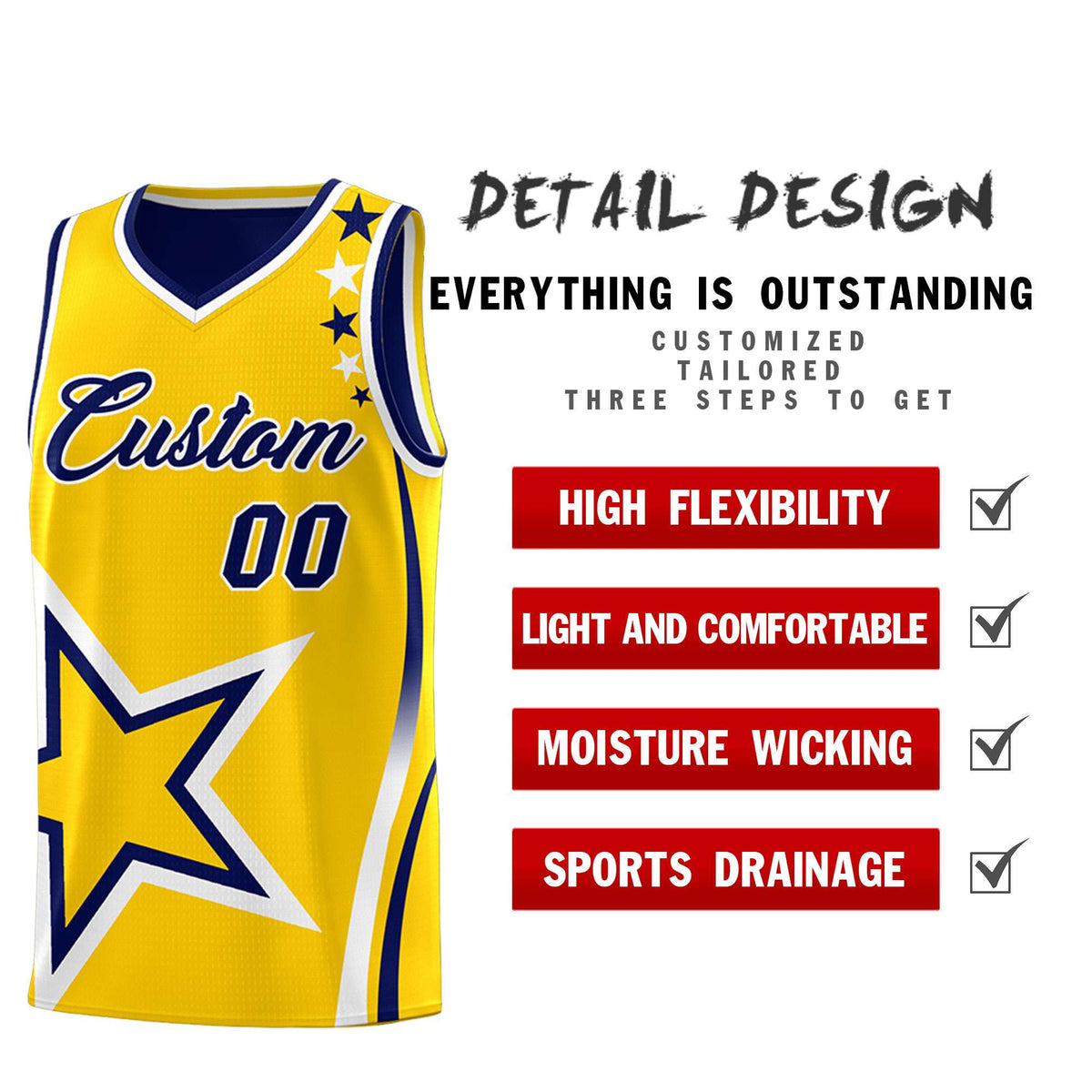 Custom Navy Gold Reversible Color Block Start Pattern Sports Uniform Basketball Jersey Kits