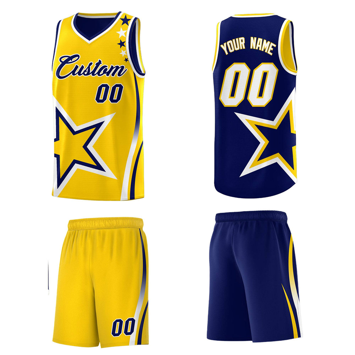 Custom Navy Gold Reversible Color Block Start Pattern Sports Uniform Basketball Jersey Kits