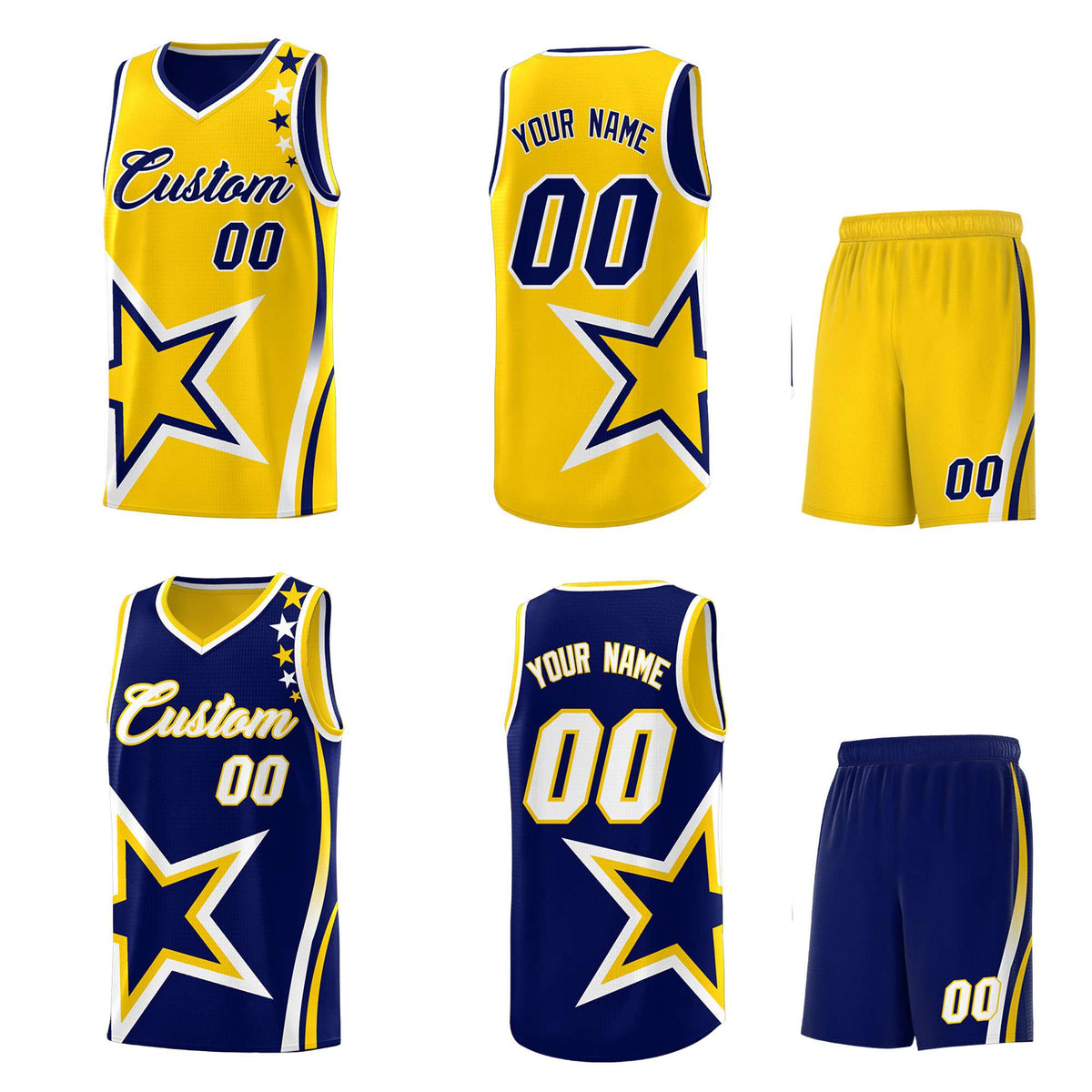 Custom Navy Gold Reversible Color Block Start Pattern Sports Uniform Basketball Jersey Kits