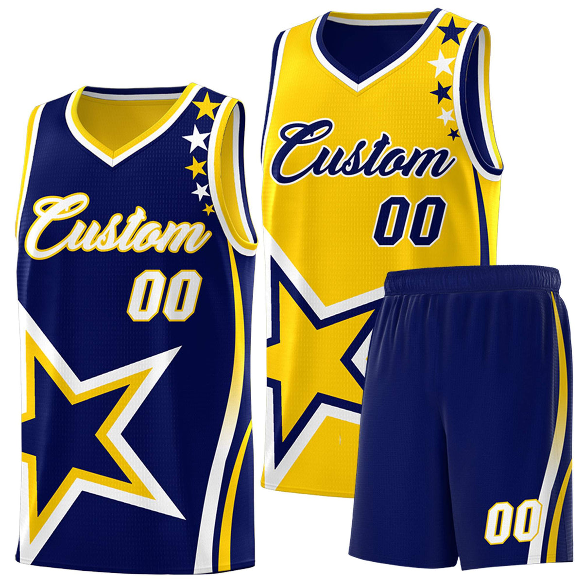 Custom Navy Gold Reversible Color Block Start Pattern Sports Uniform Basketball Jersey Kits
