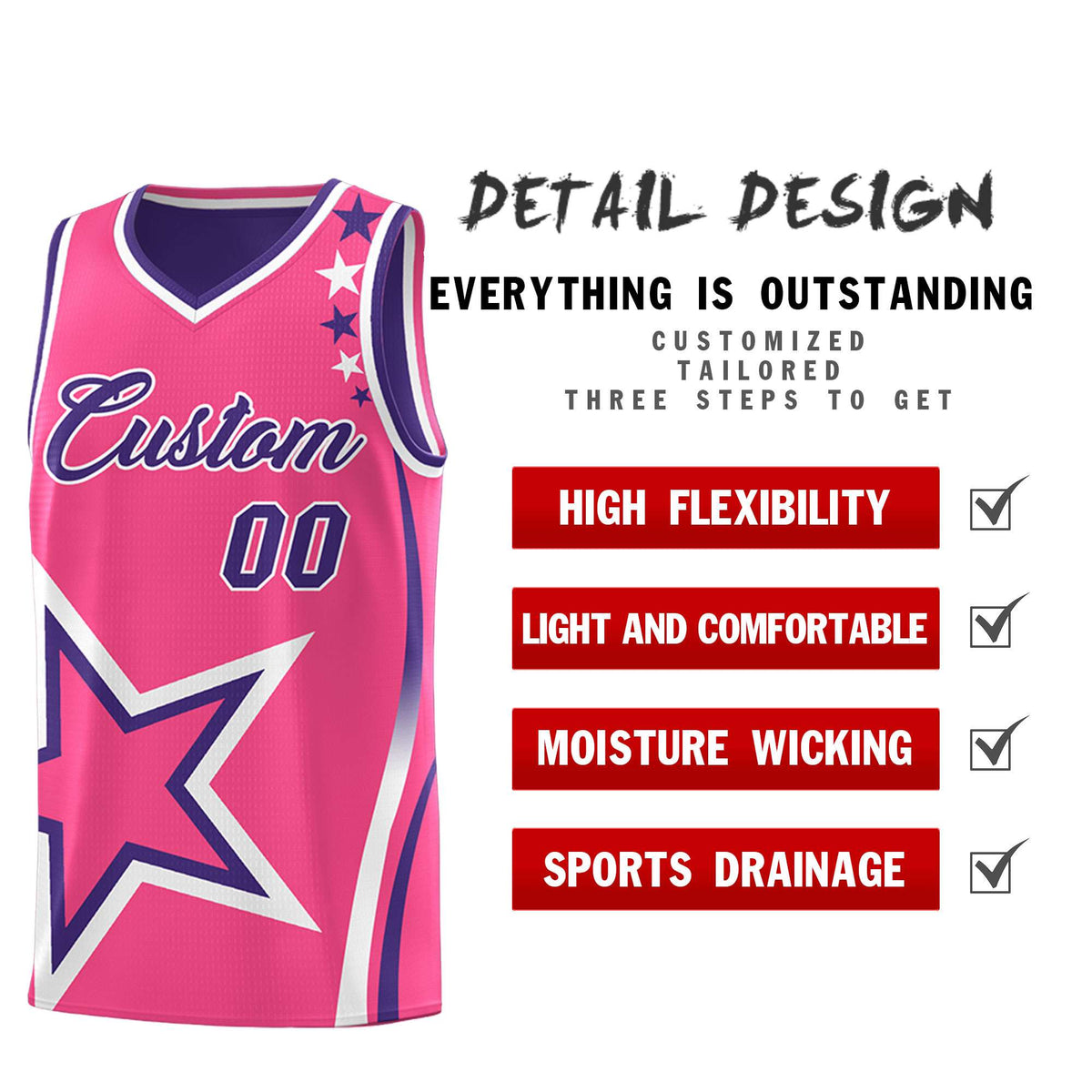 Custom Purple Pink Reversible Color Block Start Pattern Sports Uniform Basketball Jersey Kits
