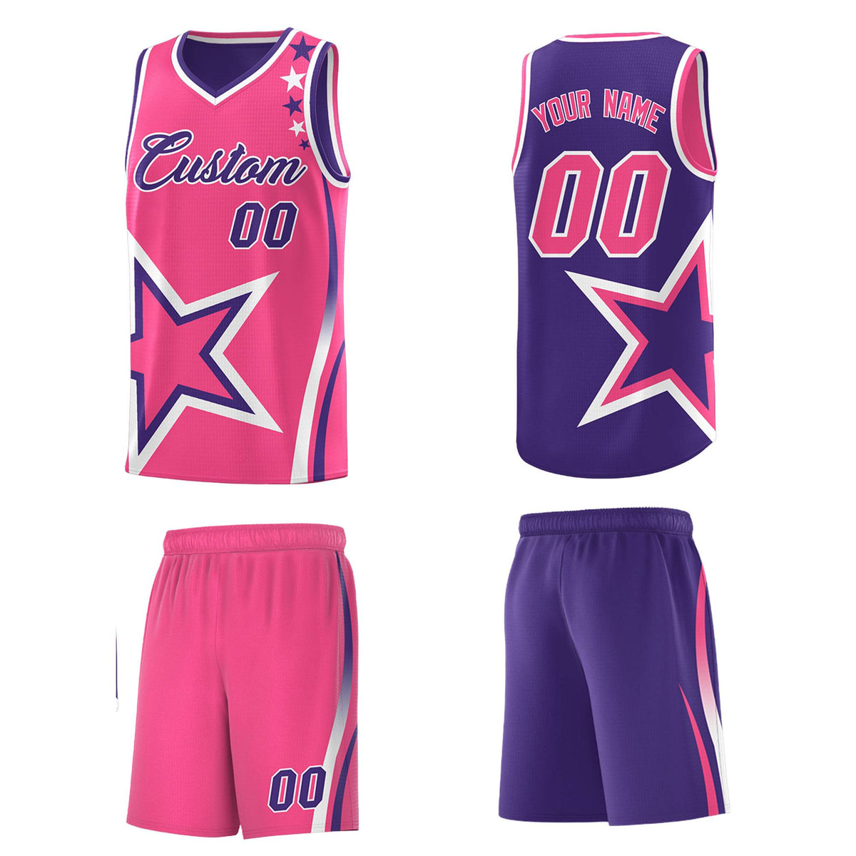 Custom Purple Pink Reversible Color Block Start Pattern Sports Uniform Basketball Jersey Kits