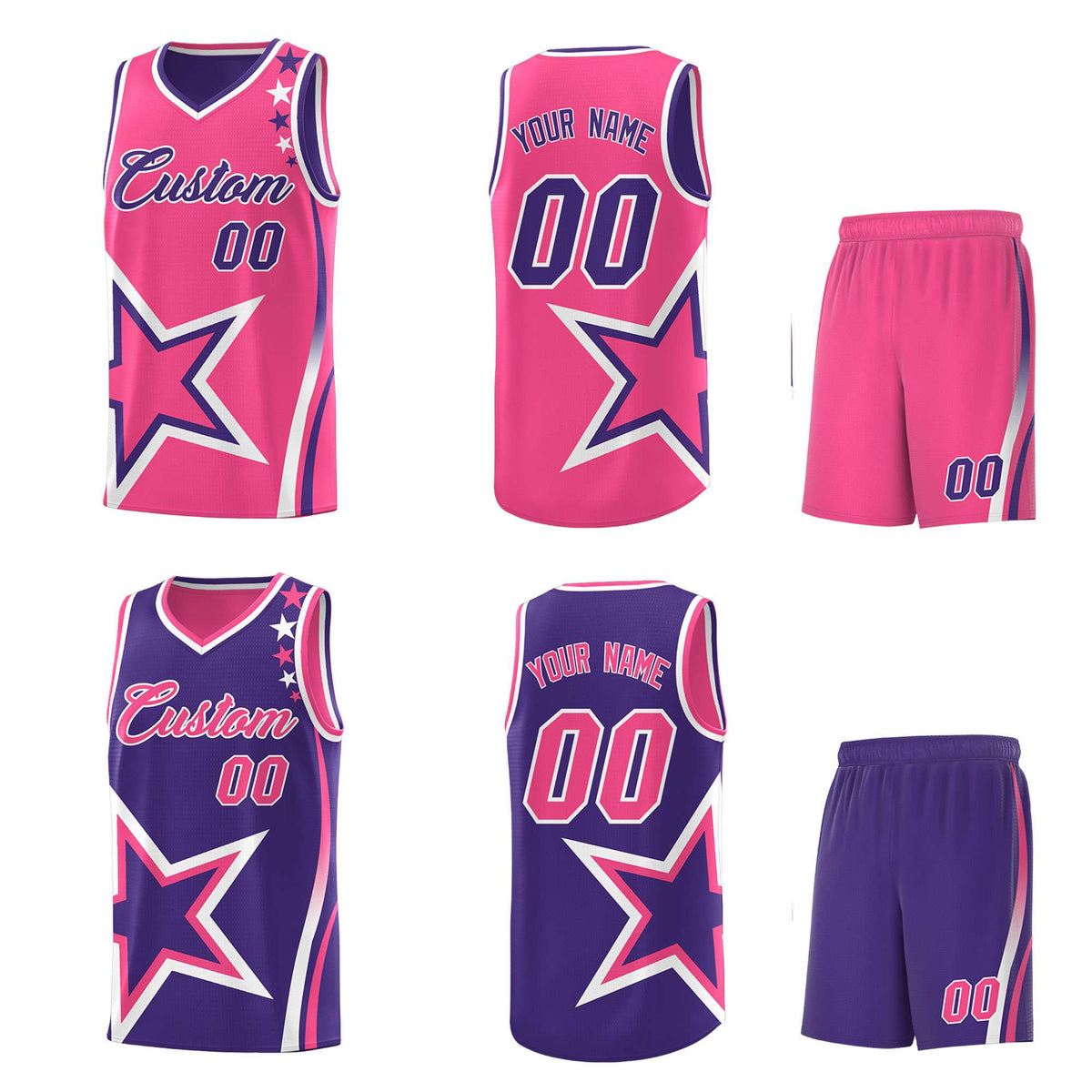 Custom Purple Pink Reversible Color Block Start Pattern Sports Uniform Basketball Jersey Kits