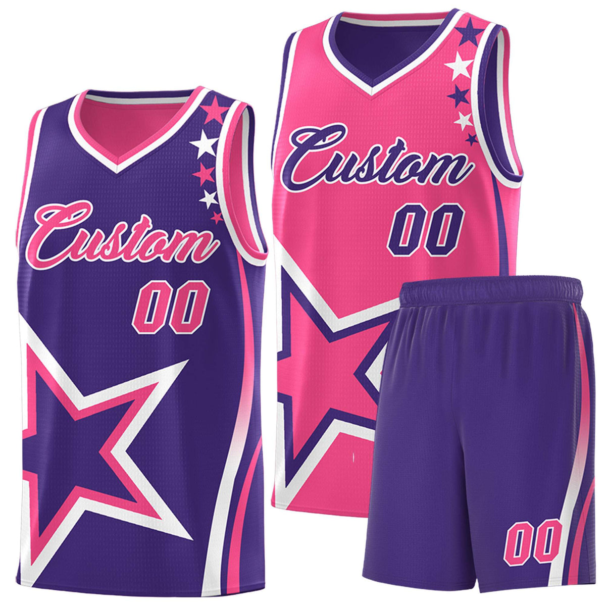 Custom Purple Pink Reversible Color Block Start Pattern Sports Uniform Basketball Jersey Kits