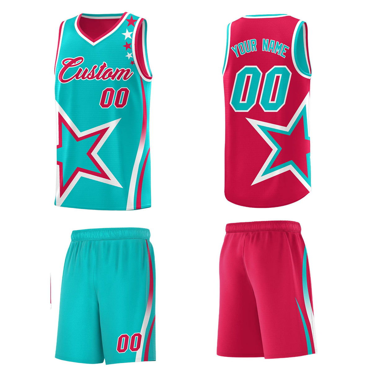 Custom Red Bright Green Reversible Color Block Start Pattern Sports Uniform Basketball Jersey Kits