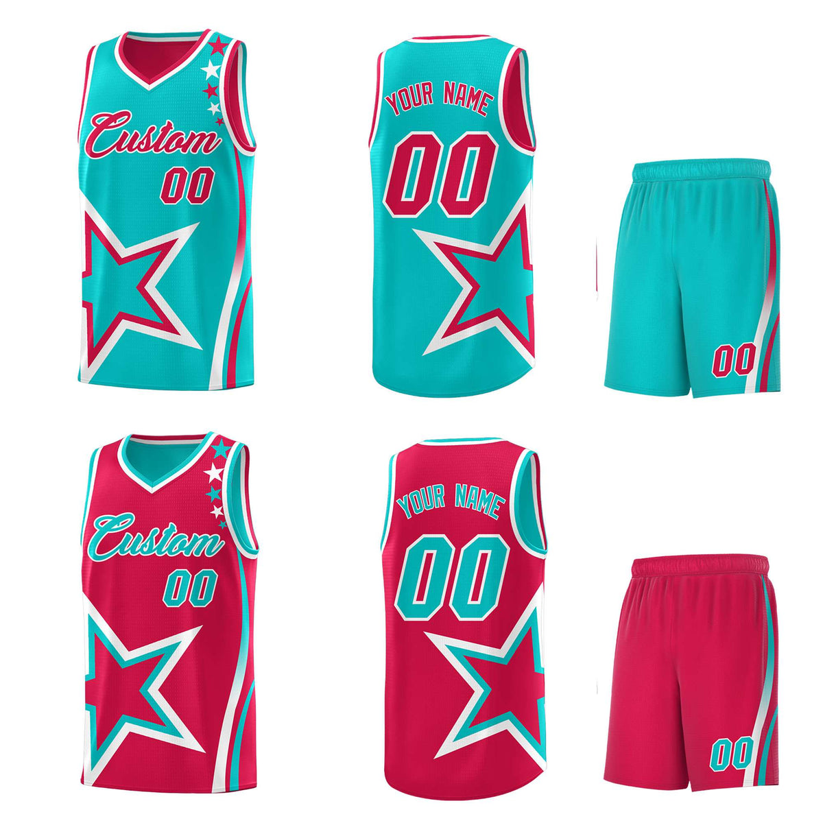 Custom Red Bright Green Reversible Color Block Start Pattern Sports Uniform Basketball Jersey Kits