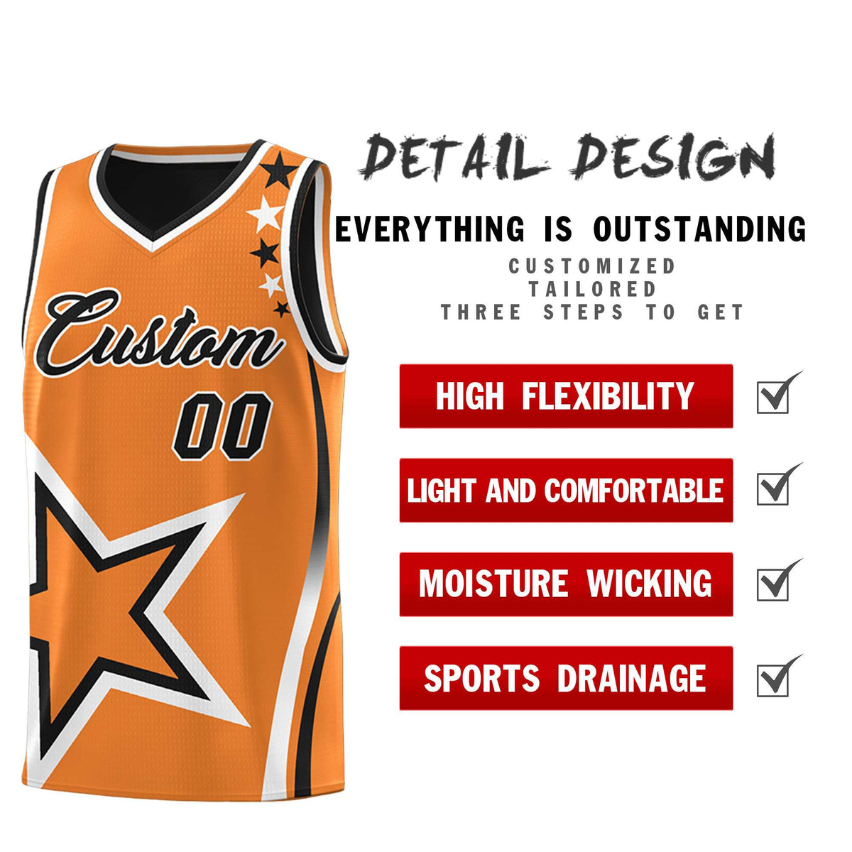 Custom Black Orange Reversible Color Block Start Pattern Sports Uniform Basketball Jersey Kits