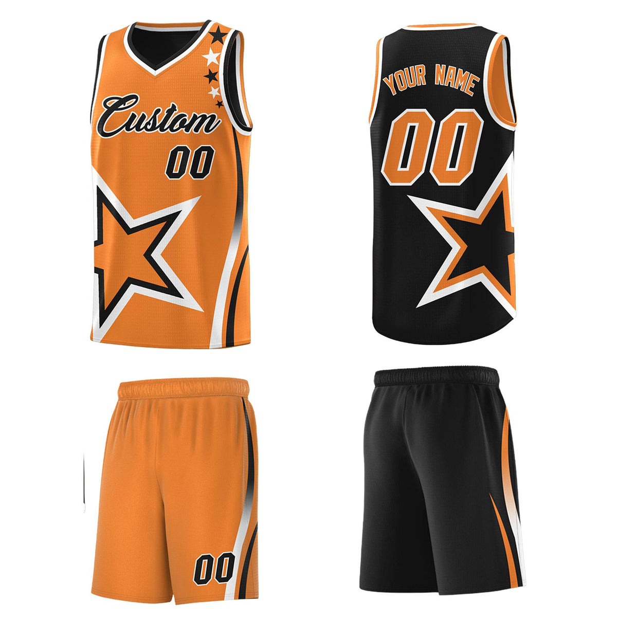 Custom Black Orange Reversible Color Block Start Pattern Sports Uniform Basketball Jersey Kits