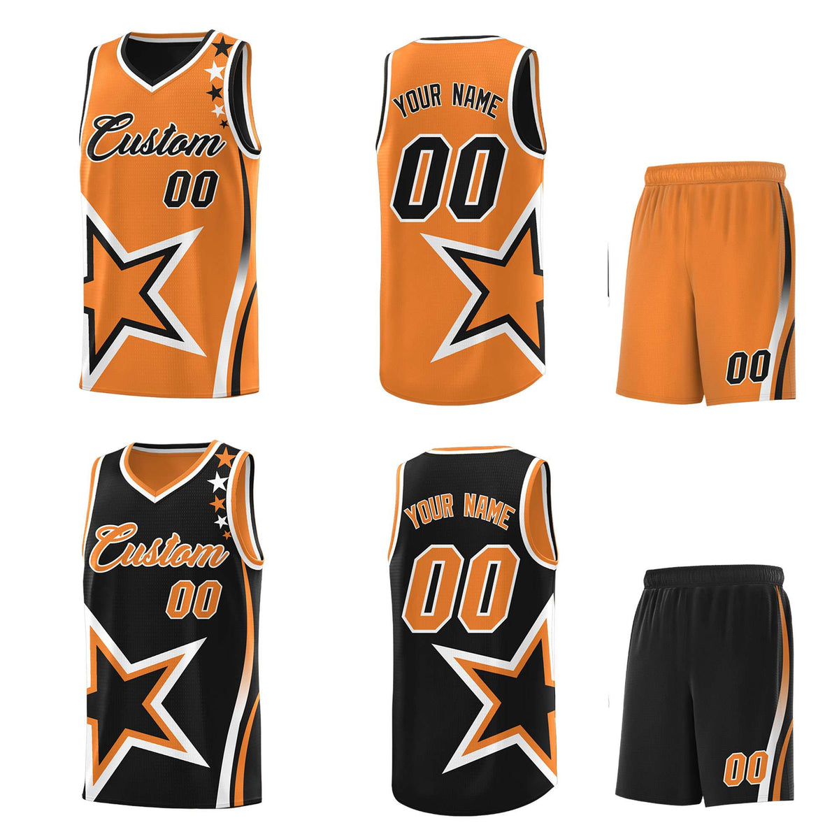 Custom Black Orange Reversible Color Block Start Pattern Sports Uniform Basketball Jersey Kits